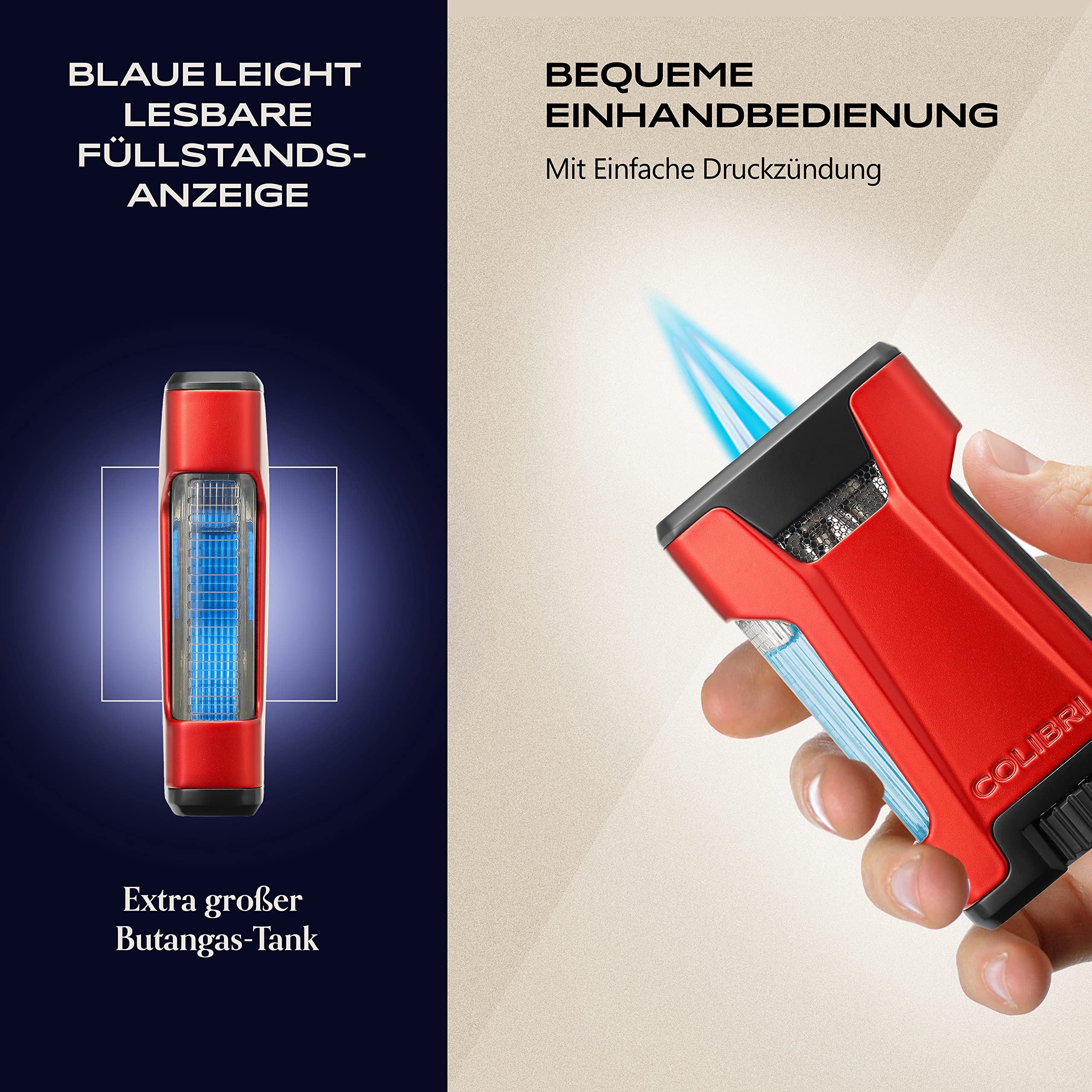 Colibri Rebel Sturmfeuerzeug - Jet Feuerzeug mit Doppel-Strahlflamme - Metallgehäuse - Windbeständig - Extragroßes Einstellrad - Sicher geliefert ohne Butangasfüllung, nach Belieben zu Hause auffüllen