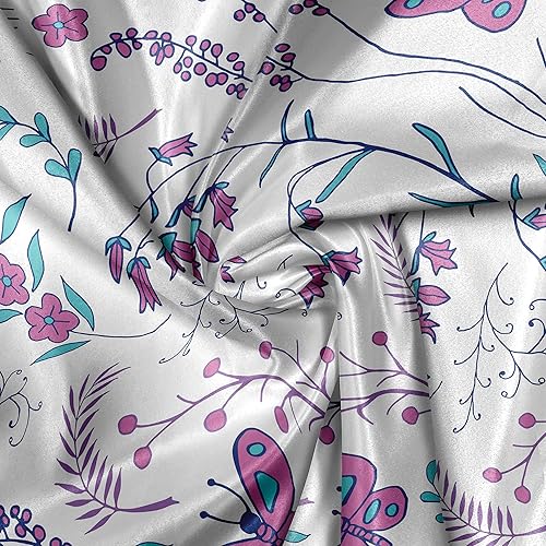 Miniatura 4 de Ambesonne Spring Fabric by The Yard, Romantic Spring Flora with Curly Tender Leaves and Butterflies, Decorative Satin Fabric for Home Textiles and