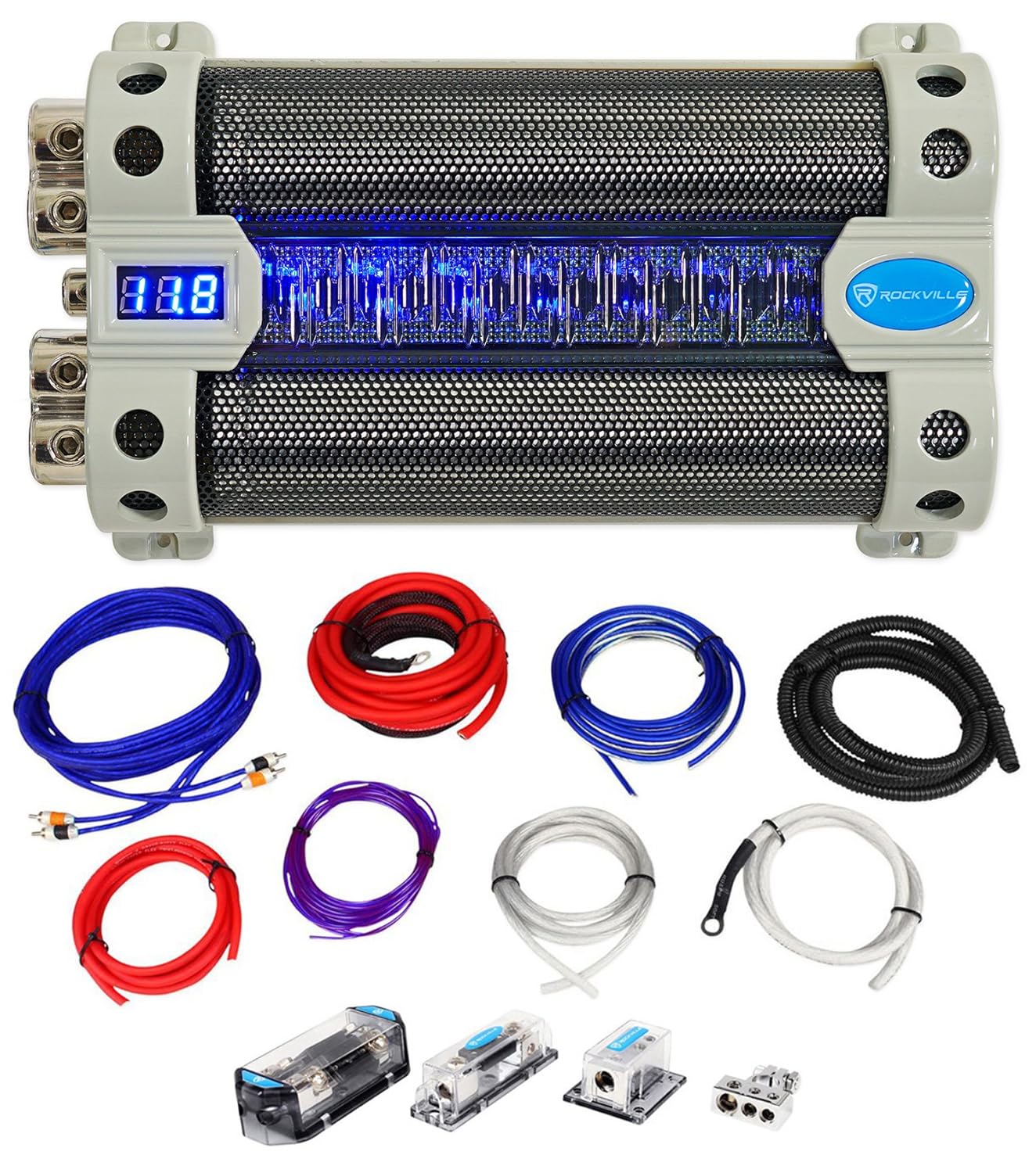 Rockville RFC50F v2 Bundle: 50-Farad Power Capacitor w/Voltage Display, Dual Amp Kit, RDA0+4K Dual Amplifier 0+4 Gauge Installation Wire Kit, for High Power Car Audio Systems, 2-Items