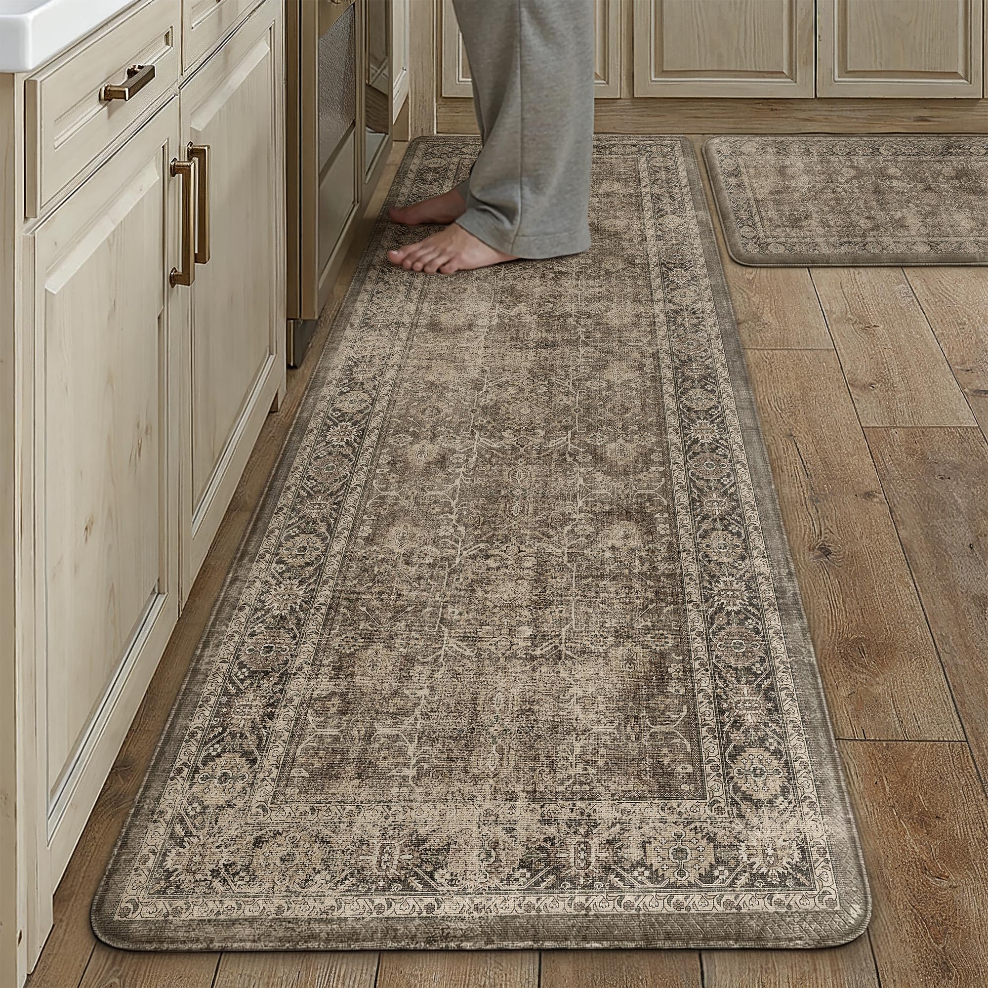 purecozy kitchen mats 2pcs anti fatigue cushioned mat brown vintage kitchen mats for floor waterproof non slip comfort standing distressed rug for sink laundry office 17.3"x59"+17.3"x30"