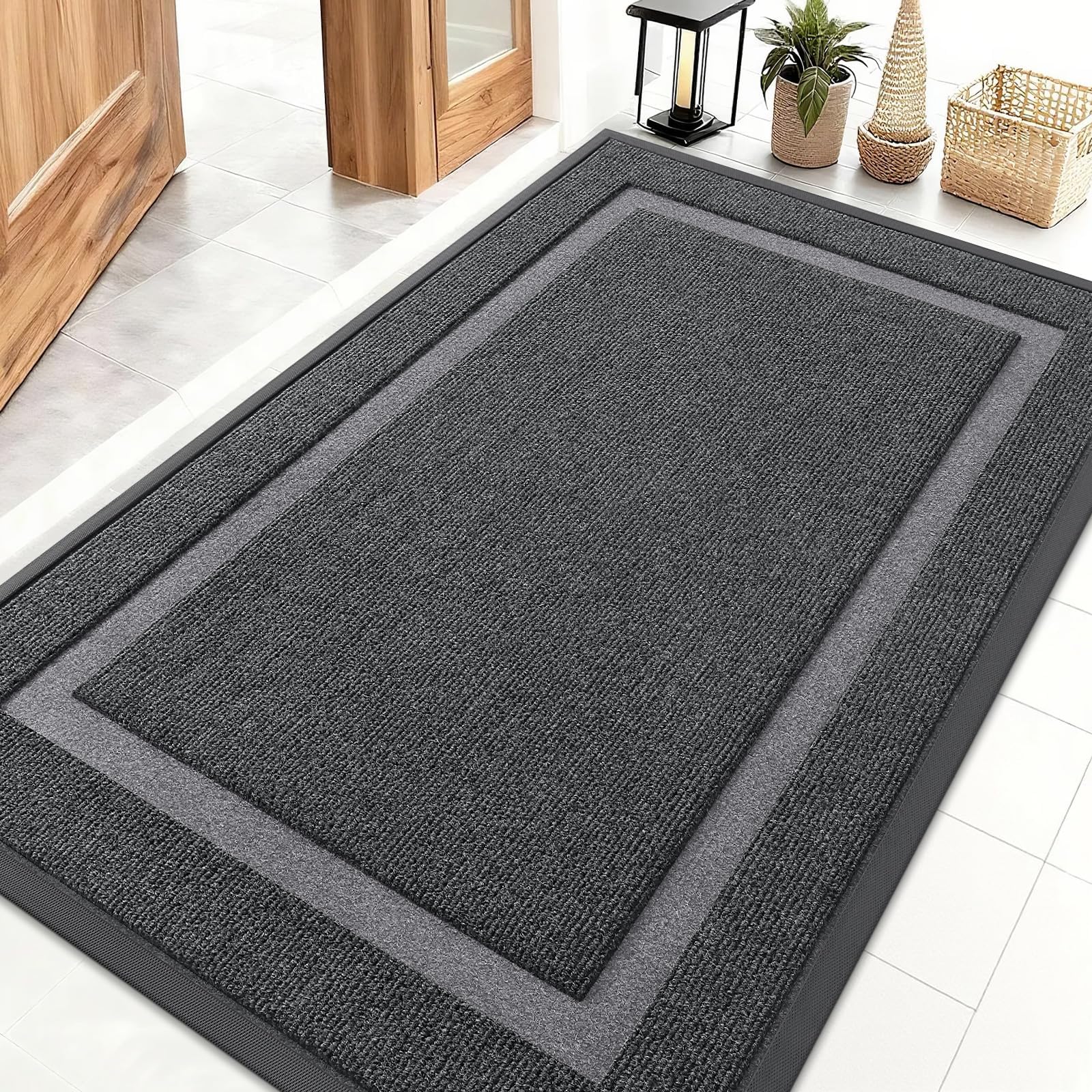 Front Door Mat Indoor Outdoor Entrance, Waterproof All-Season, All-Weather Doormat, Sturdy Natural Rubber, Fade Resistant, Low Profile, Easy Clean Patio Porch Entryway Mat, 47x32, Grey