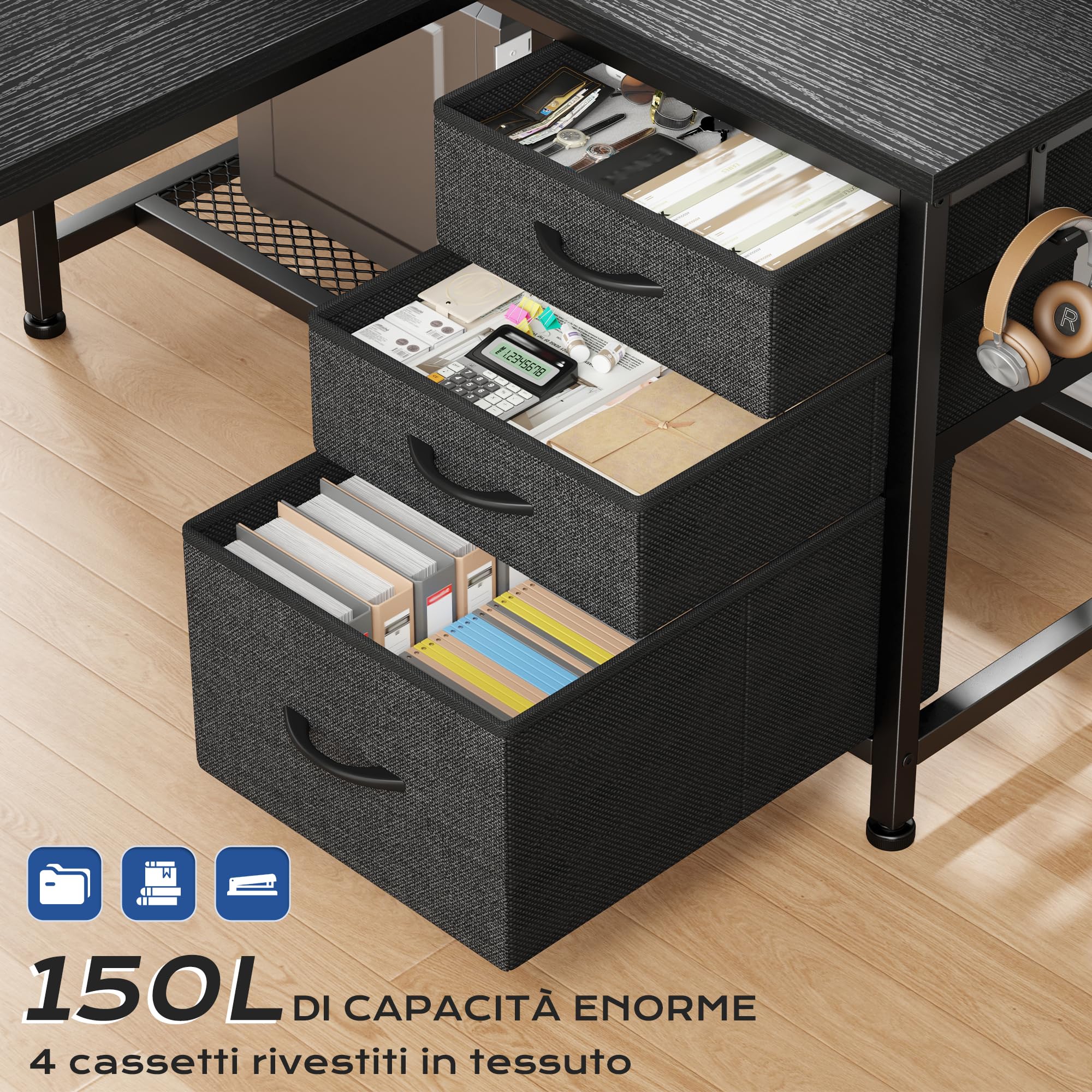 140x100cm Forma a L Gaming Scrivania con Libreria, LED per Lavorare