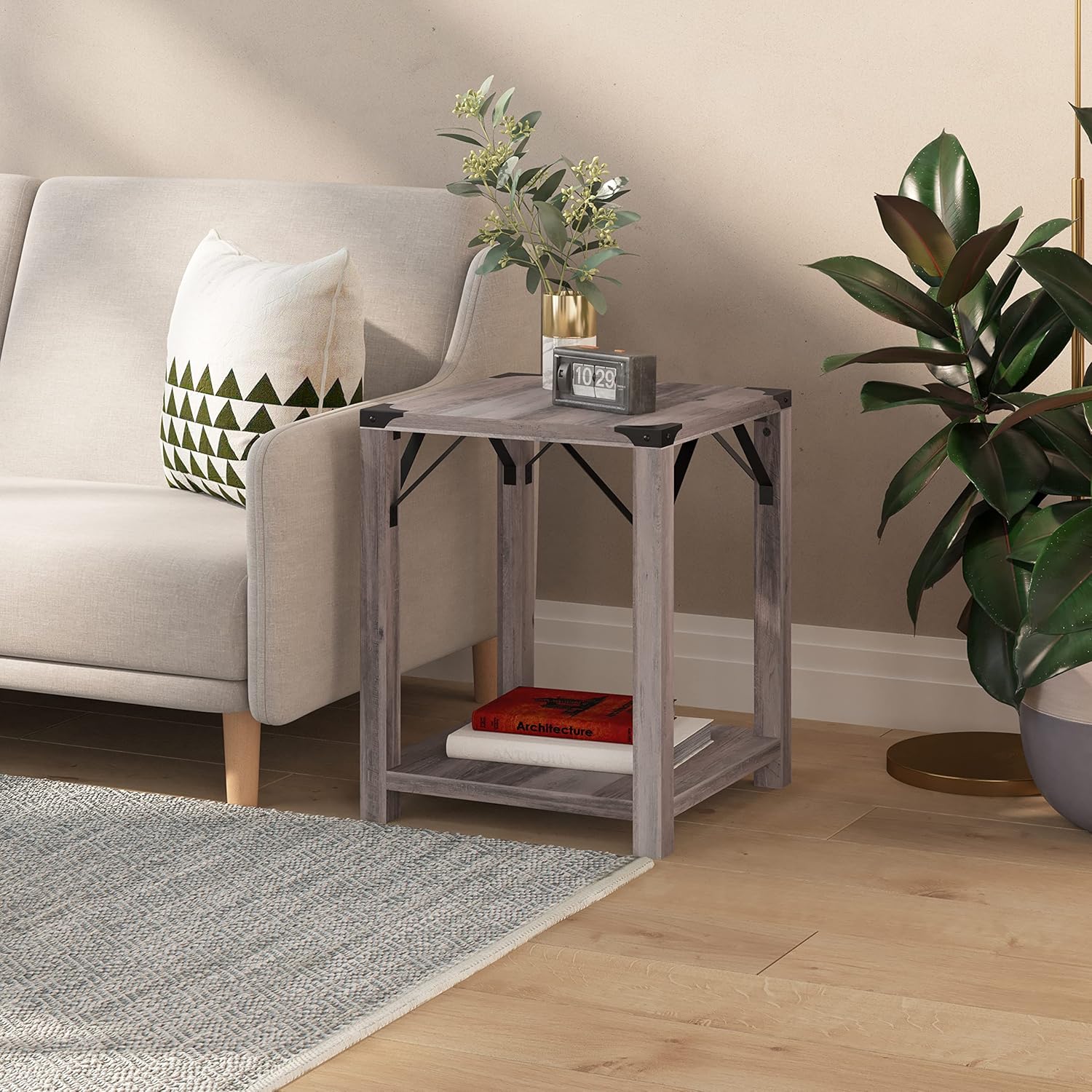 Taylor & Logan Willard Gray Wash Wood Two Tier Modern Farmhouse End Table with Black Metal Corner Accents and Cross Bracing