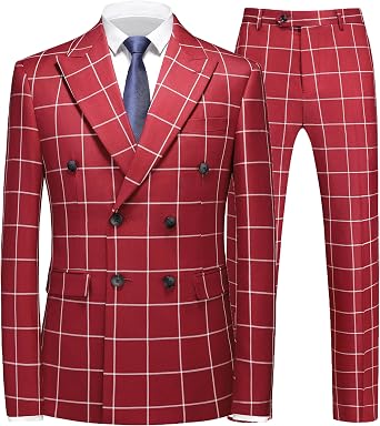MOGU Mens 3 Piece Slim Fit Plaid Suit Blazer Jacket+Vest+Pants