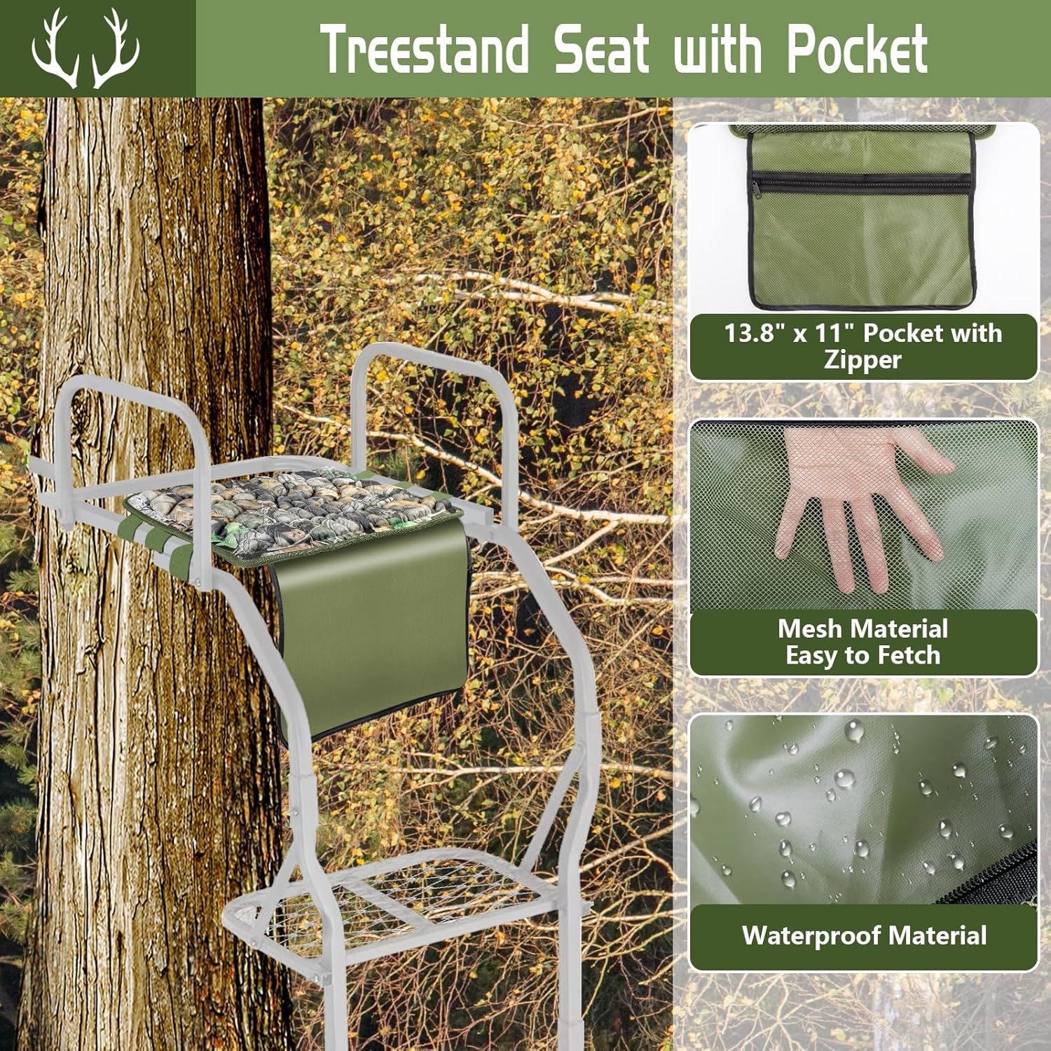 GJL Tree Stand Seat Replacement with Pocket, Universal Memory Foam Hunting Seat Cushion with Adjustable Strap, Tree Stand Accessories Fits Climbing Ladder Stands, Lightweight and Portable