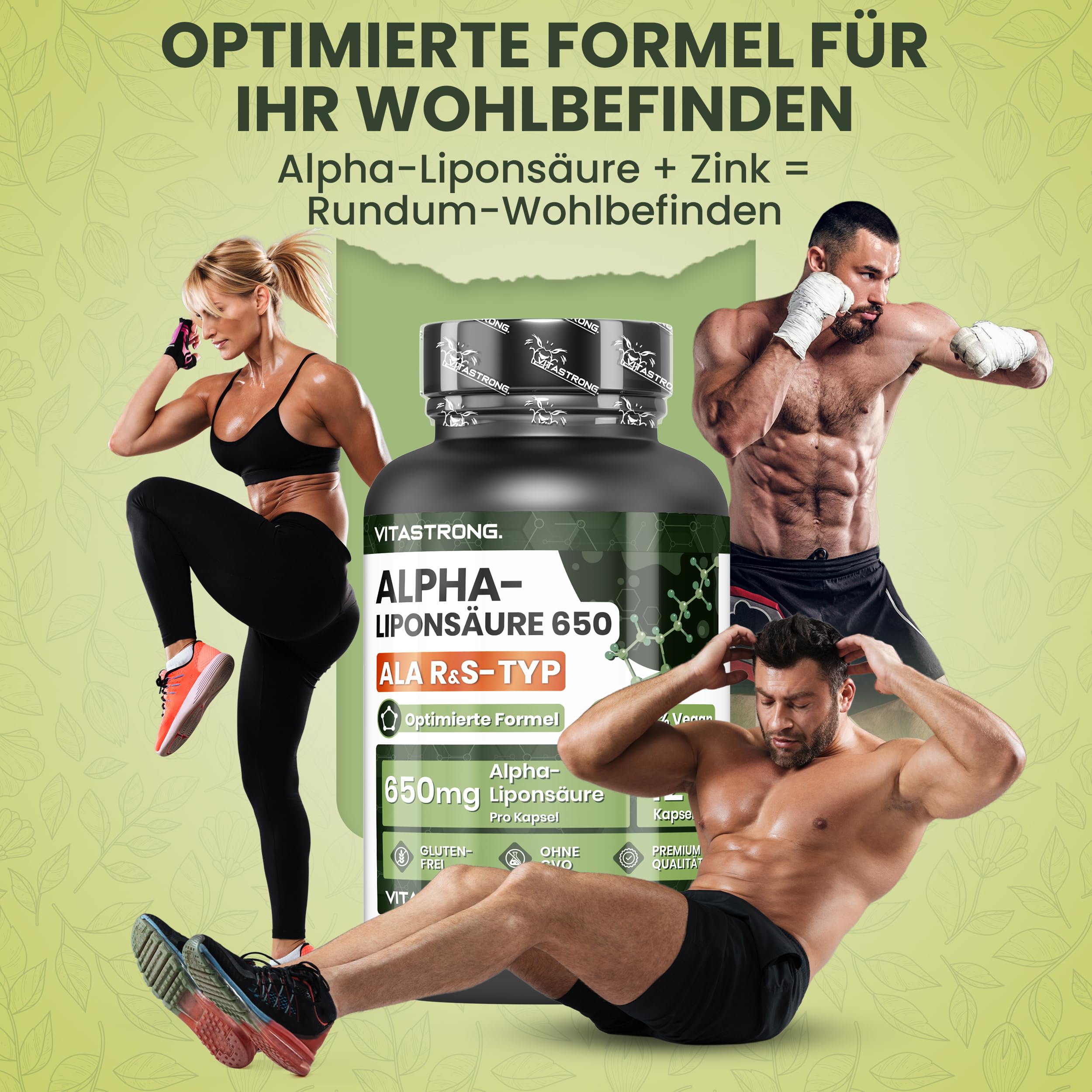 Alpha Liponsäure mit Zink Hochdosiert 650mg, Optimierte Formel von S und R Alpha Liponsäure, Alpha Lipoic Acid ALA 100% Vegan, 120 Gluten- und GMO-freie Alpha-Liponsäure Kapseln, Vitastrong Qualität