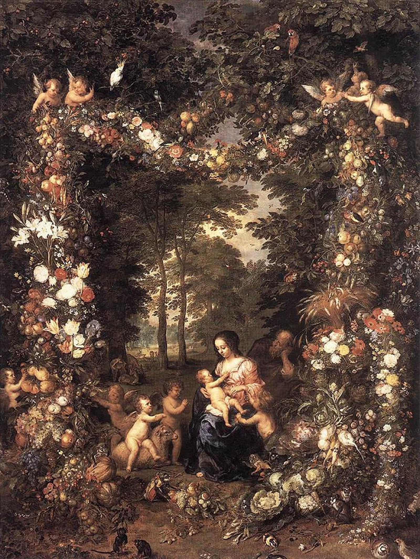 SERENDIPITP Vintage Wall Art Canvas Nordic Poster Canvas Print Picture Holy Family in a Wreath of Flowers and Fruit by Jan the Elder Brueghel Wall Art Poster for Home Decor 60x90cm