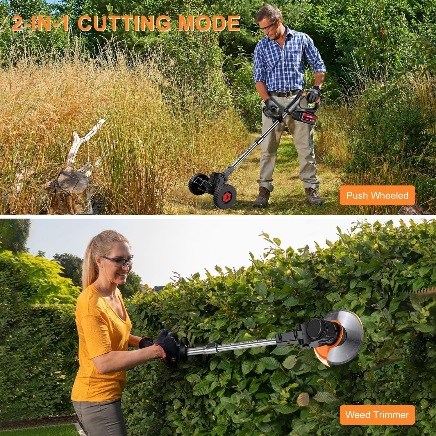 21V Akku Rasentrimmer, 2 x4,0Ah Akku und Ladegerät, 2 in 1 Elektrischer Freischneider/Rasentrimmer mit Akku, Leichter Rasenkantenschneider mit, 5 Messerarten für Rasen, Garten