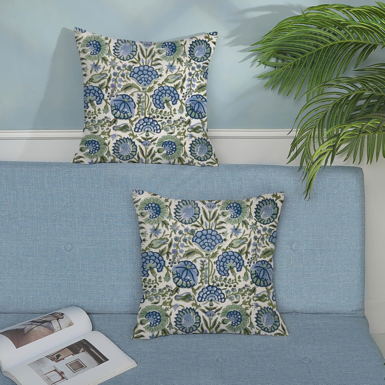 Boho Navy Blue Pillow Covers 18x18 Inch Set of 2 Sage Green Floral Decor Throw Pillows Vintage Flower Summer Outdoor Farmhouse Decoration Pillowcase Cotton Cushion Cover for Couch Sofa Bed - Image 3