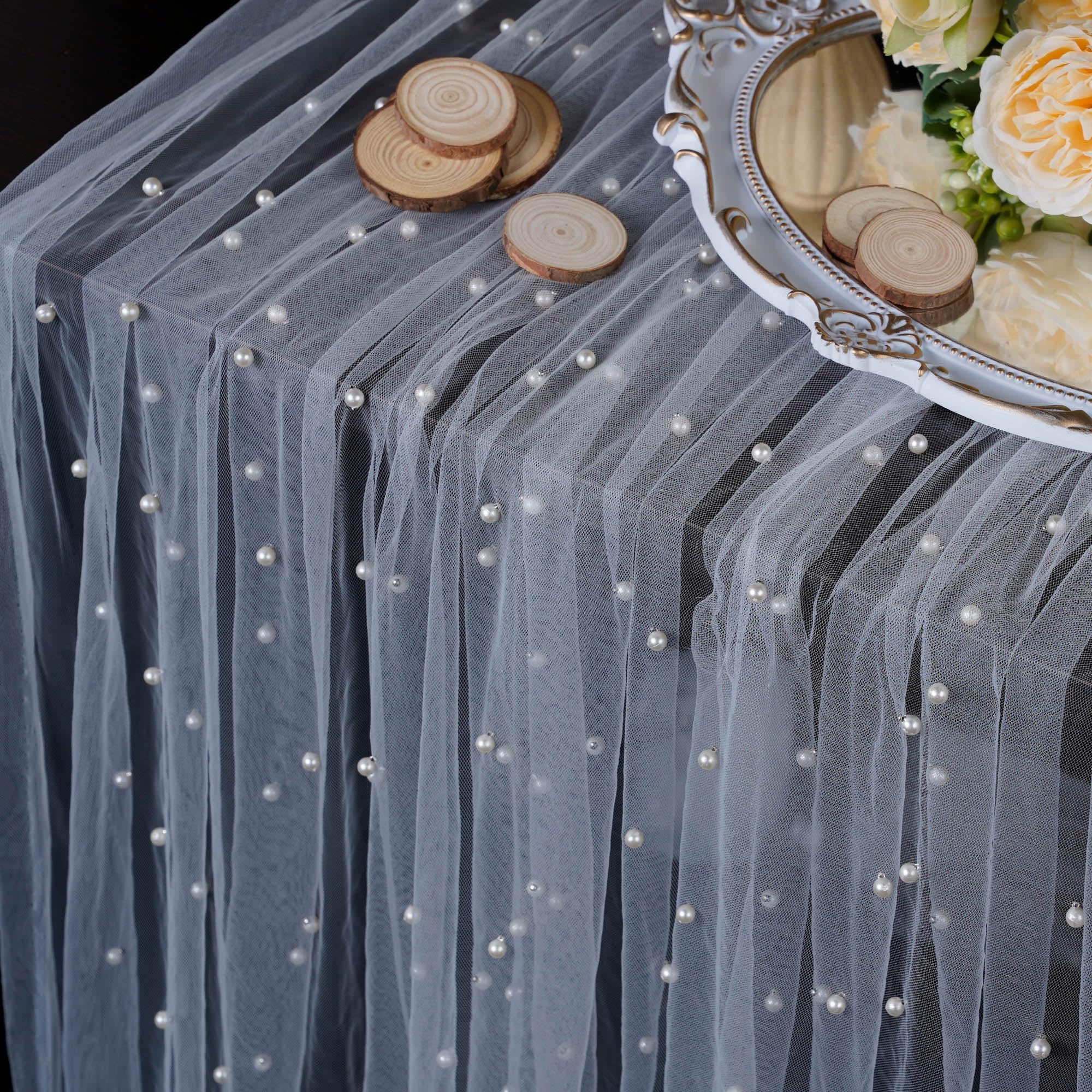 10 ft 64 x 120 Inch White Tulle Table Skirt with LED Lights White Pearl Chiffon