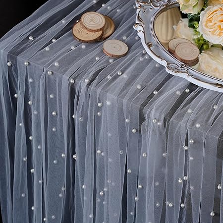 OSVINO 10ft Pearl Table Runner, 63x120 Inches Ivory White Chiffon Romantic Wedding Sheer Table Runners Party Arch Decorations, Bridal Cathedral Veil Pearl Bridal Cape