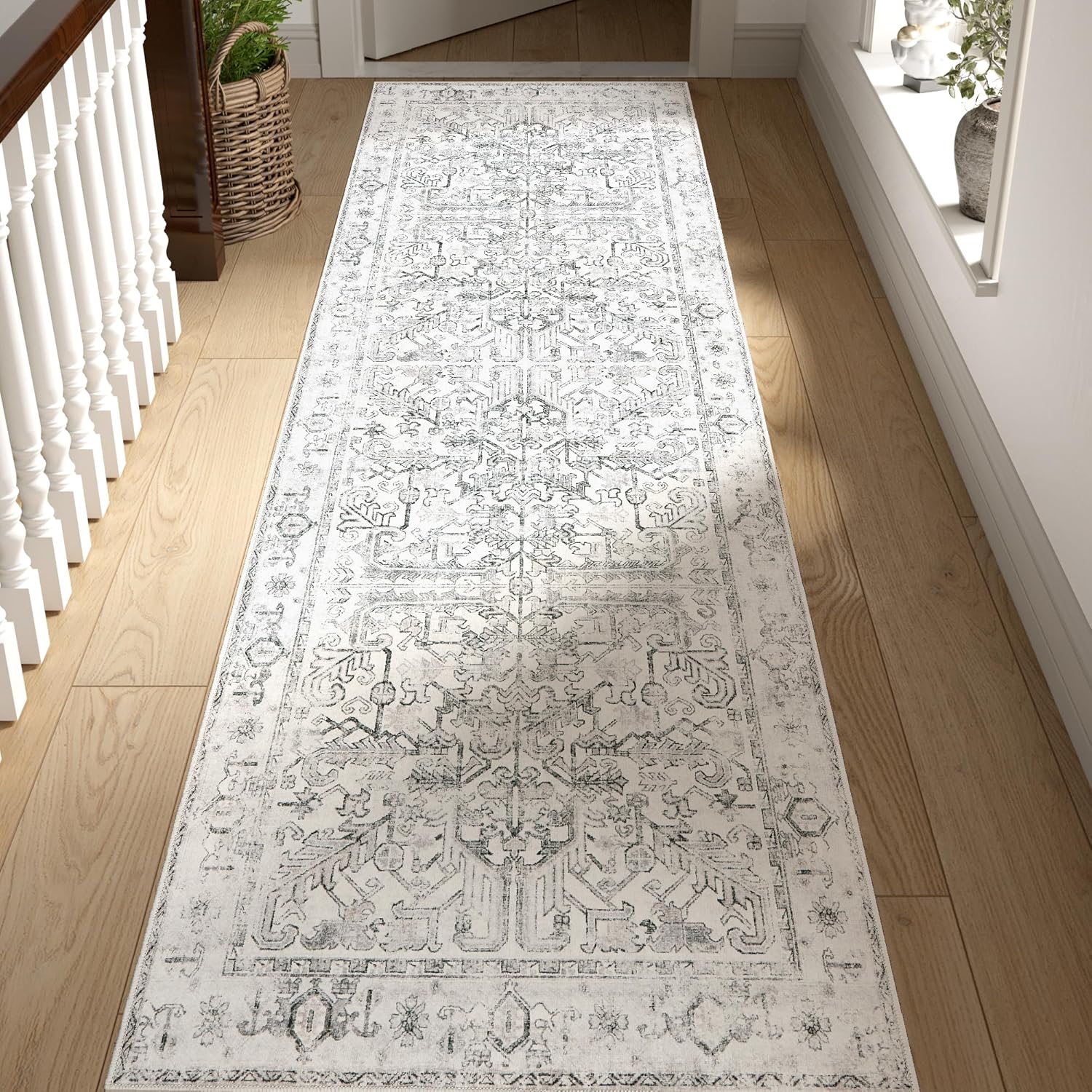 jinchan Lima Kitchen Runner Rug 2x8 - Vintage Floral Machine Washable Non-Slip Hallway Runner Rug with Rubber Backing Ultra-Thin Carpet for Bedroom Laundry Room Farmhouse (2x8ft, Grey)
