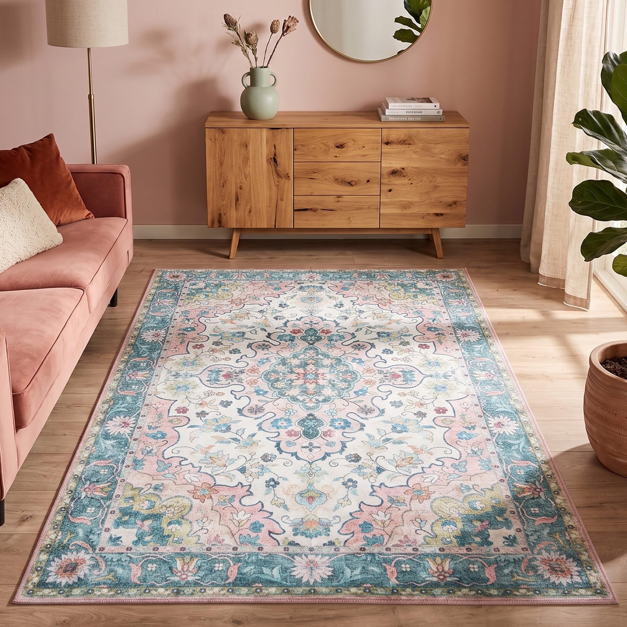 Vintage Teppich - Lily Oriental Blau Rosa - 160x230 cm | Baumwolle - Flachgewebe - Vintage - Klassik - Wohnzimmer, Esszimmer, Schlafzimmer