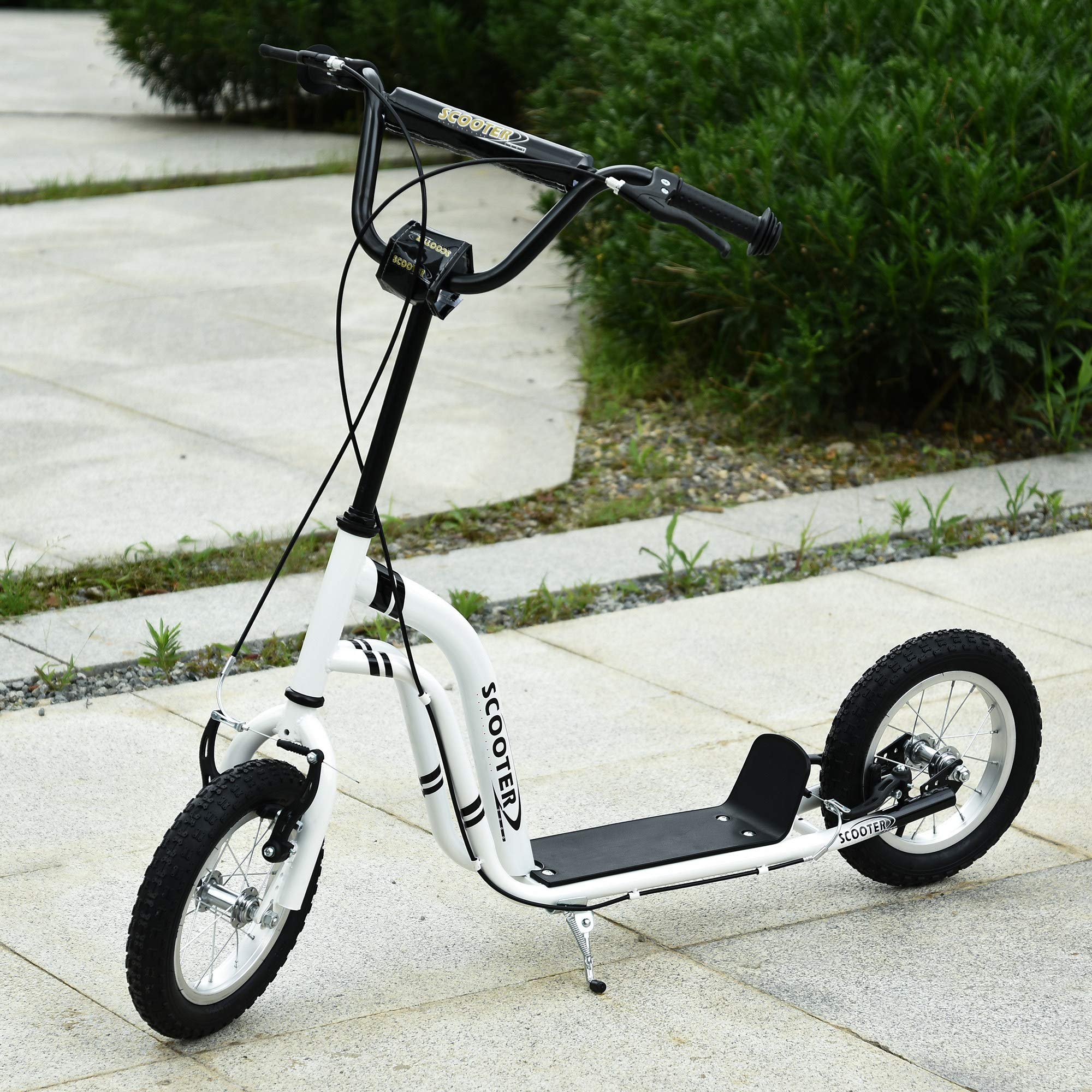 HOMCOM Patinete con Frenos Mayores de 5 Años 120x58x85-95 cm Blanco | para Niños, Scooter, 2 Neumáticos Inflables de Caucho, Manillar Ajustable, Pedal Antideslizante