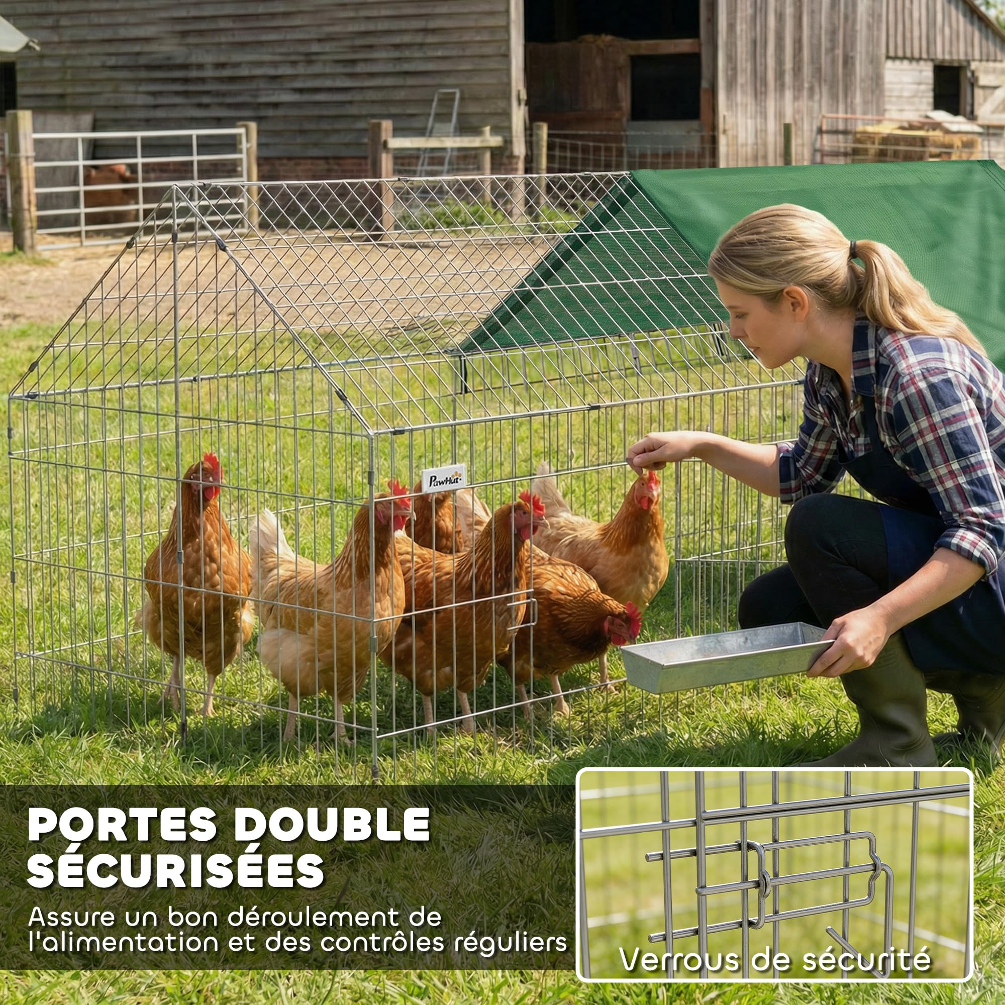 PawHut Parc Enclos Cage Lapin Extérieur, Structure Acier avec 2 Portes Verrouillables et Protection Pare-Soleil Toit Incliné, pour Lapins Poulets Canards Petits Animaux, 180x75x75 cm, Vert