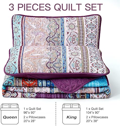 Vista 165 de WONGS BEDDING Juego de edredón bohemio tamaño Queen Aqua, juego de colcha de 3 piezas a rayas, de microfibra ligera y suave bohemia para todas
