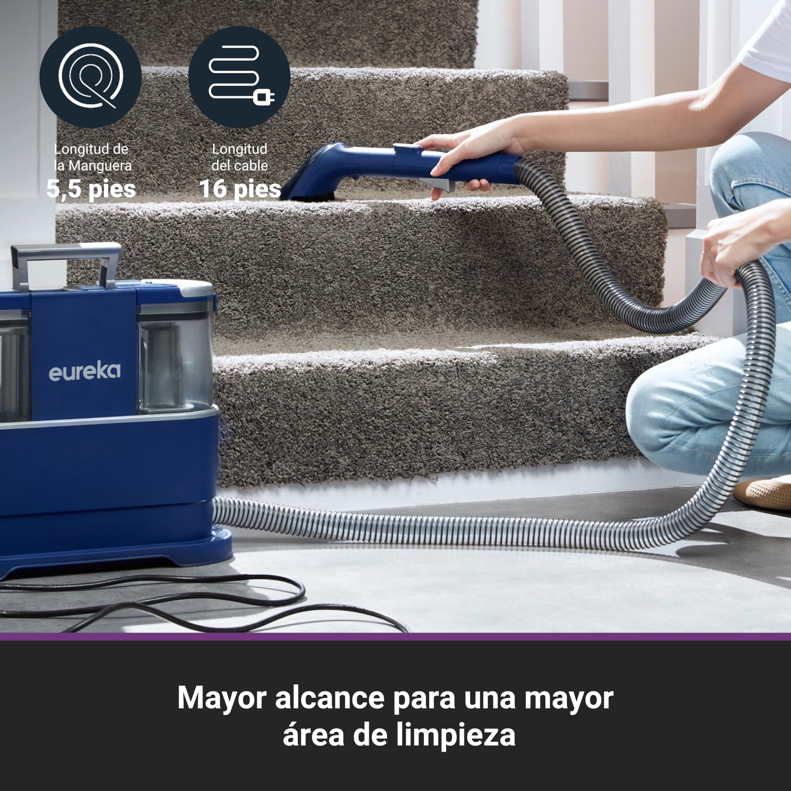 Eureka Aspirador de alfombras | Limpiador de Manchas Multisuperficie para Alfombras, Moquetas, Tapicería, Escaleras y Coche | Depósito de Agua Grande de 1,5L, NEY100 con Fórmula Limpiadora, Azul