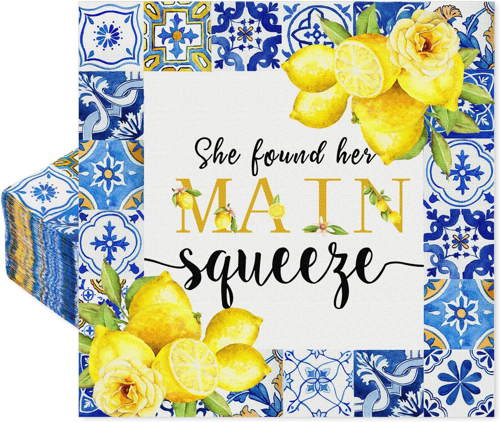 AnyDesign 80Pcs Blue Tiles Lemon Paper Napkins She Found Her Main Squeeze Disposable Luncheon Napkins Dessert Dinner Hand Napkin for Summer Bridal Shower Bachelorette Party Supplies Decoration