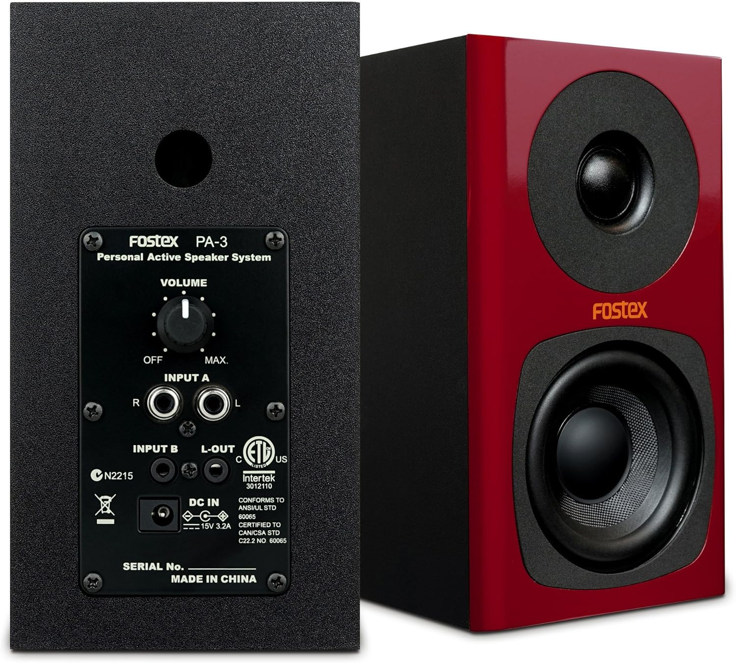 Zadní view of one FOSTEX PA-3(BX) speaker showing input/output ports and controls, alongside a front view of another speaker.