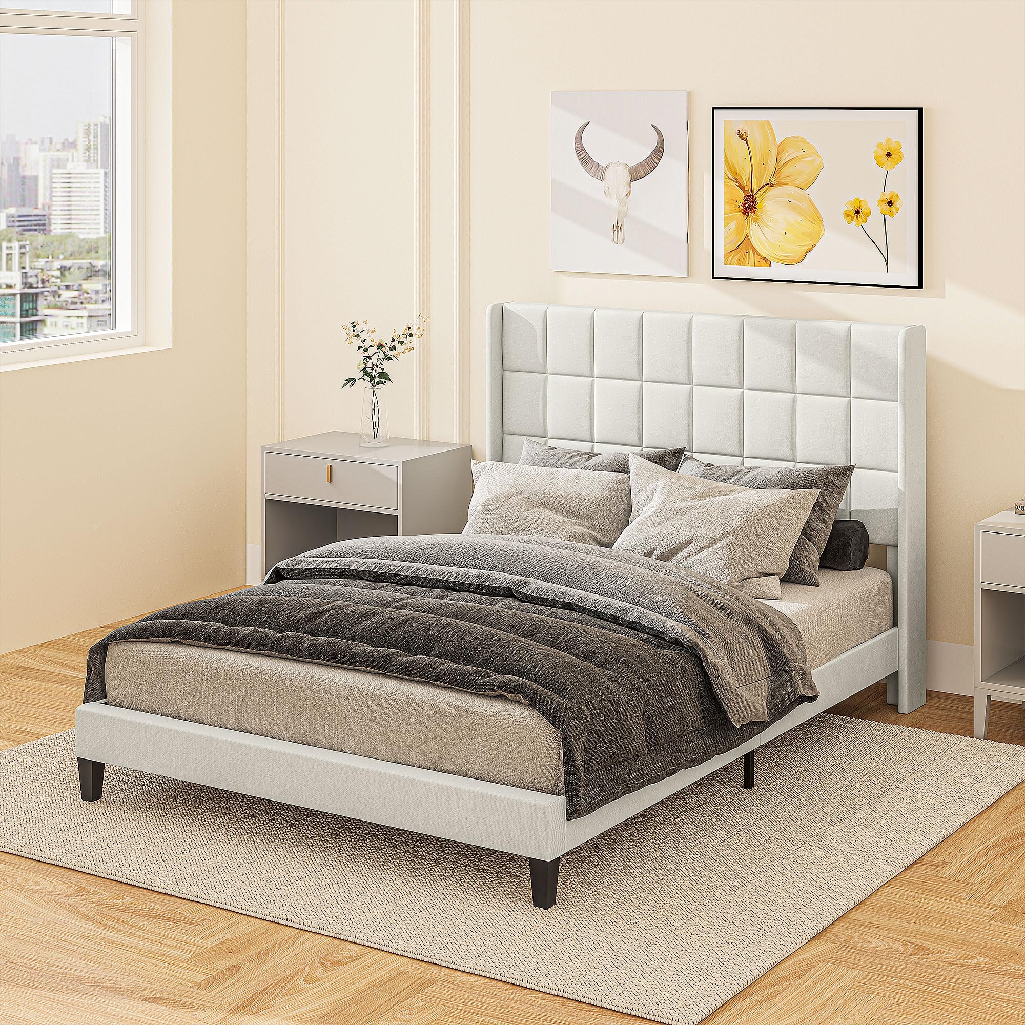 HOMCOM Cama 135x190 cm Estructura de Cama Somier con Cabecera Tapizada de Lino Sintético y Espacio de Almacenamiento Debajo de la Cama Carga 300 kg Beige