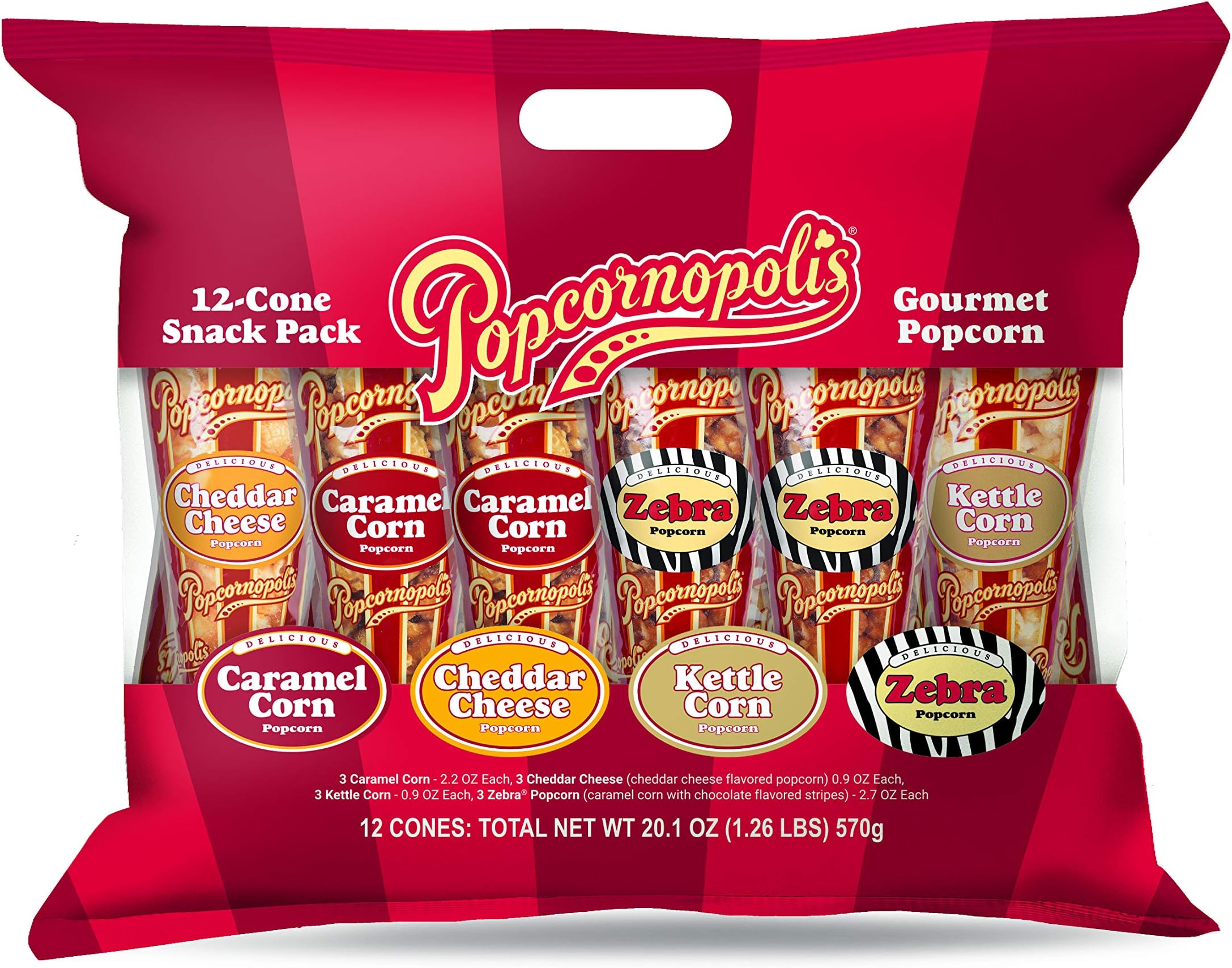 Popcornopolis Gourmet Popcorn Cone Variety Pack – Zebra Popcorn, Cheddar Cheese Popcorn, Caramel Popcorn & Kettle Corn Popcorn, Great for Gifting & Sharing, (12-Count)