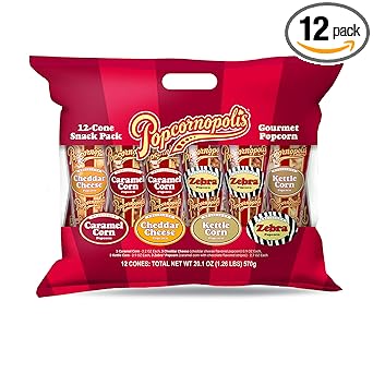 Popcornopolis Gourmet Popcorn Cone Variety Pack (12-Count) – Zebra, Cheddar Cheese, Caramel & Kettle Corn Popcorn, Great for Gifting & Sharing