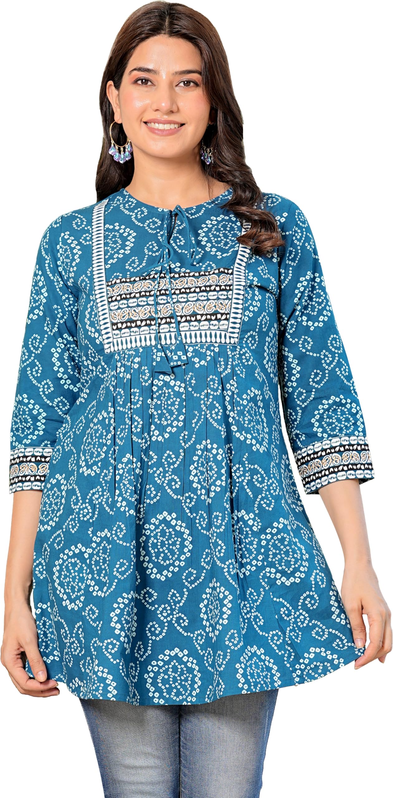 yash gallery Women's Cotton Blend Straight Fit Straight Bandhani Short Kurta Tops-picture-29