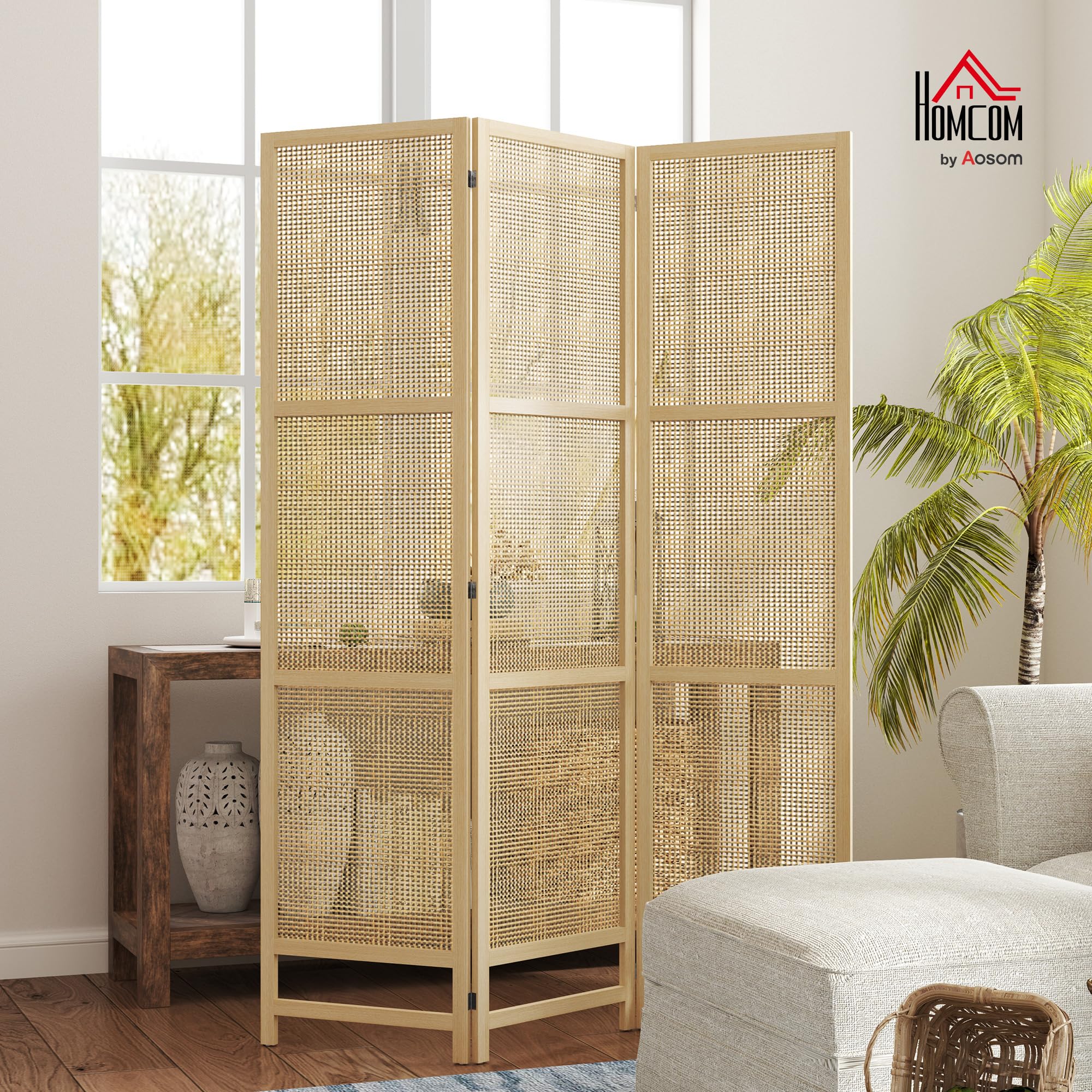 HOMCOM Divisor 3 paneles 135x180cm PP Ratán Natural | Divisor plegable, pantalla de privacidad, tabique para sala de estar
