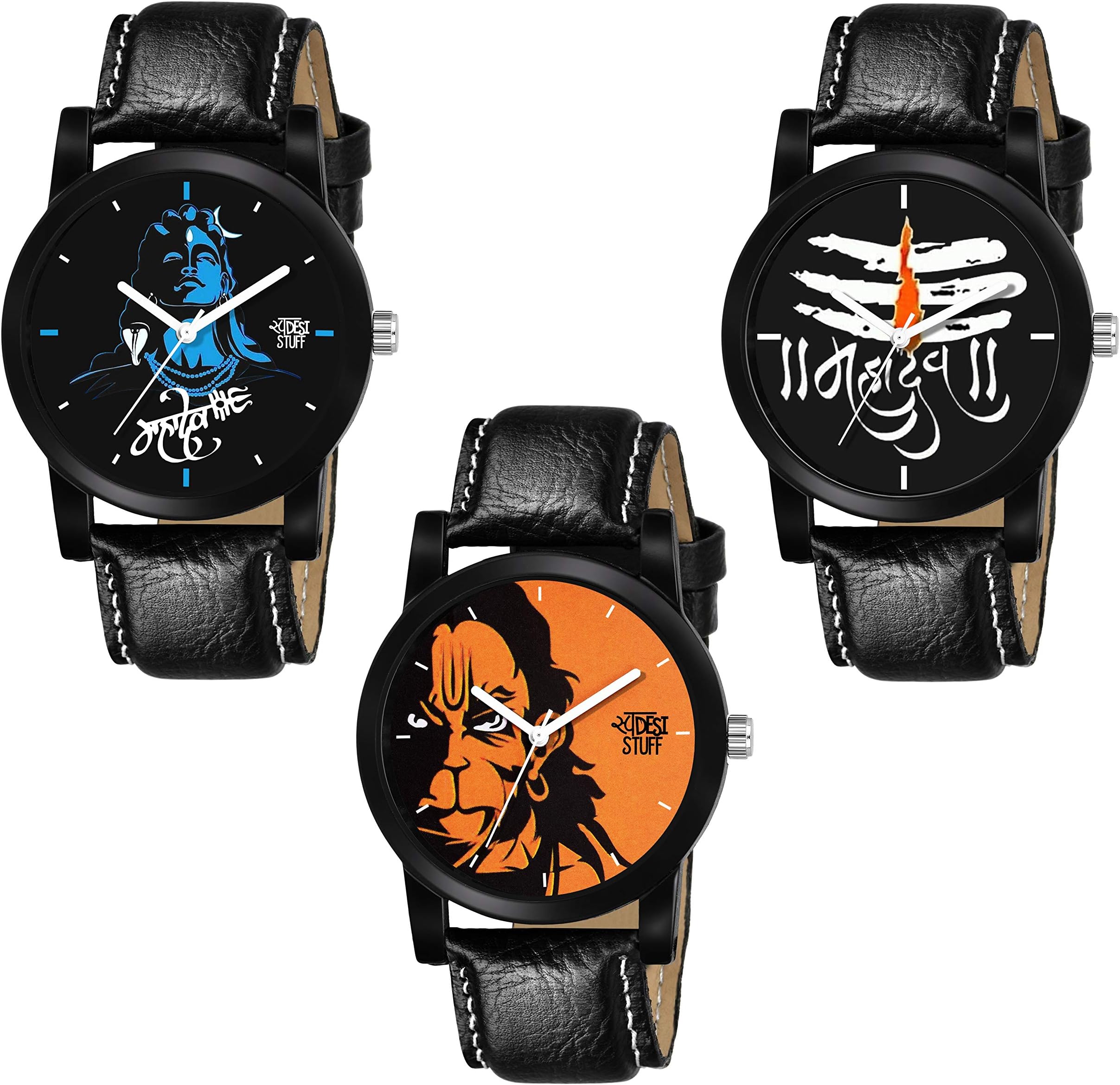 Black Dial Analogue Leather Lord Shiva Hanuman Men's & Women's Watch -Combo of 3