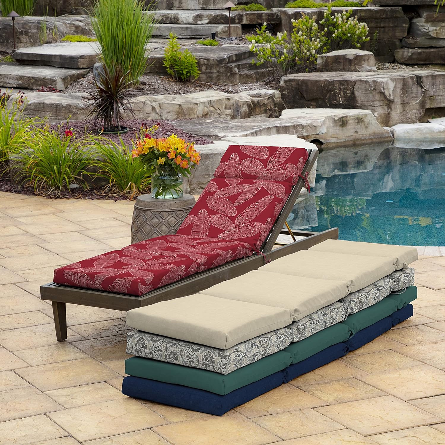 Arden Outdoor Chaise Cushion, 21 in x 72 in, Weather-Proof, Rain-Proof, Fade Resistant Patio Cushion for Chaise Lounger Red Leaf Palm