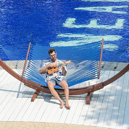 Miniatura 9 de Lazy Daze Hammocks Hamaca doble de cuerda caribeña de 10.5 pies para 2 personas, hamaca de poliéster tejida a mano con barras separadoras, para