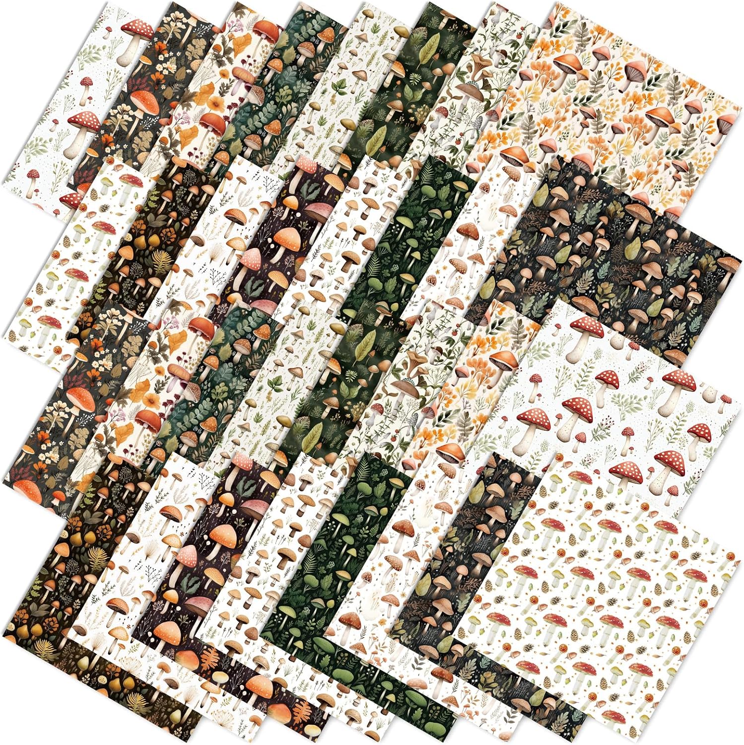 JarThenaAMCS 32 Pcs Mushroom Fabric Squares Forest Plants Cotton Fabric Bundles Small Mushroom Leaves Sewing Fabrics for DIY Sewing Craft Decor, 10 x 10 Inch