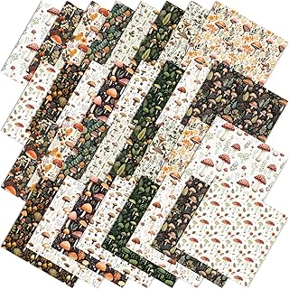 JarThenaAMCS 32 Pcs Mushroom Fabric Squares Forest Plants Cotton Fabric Bundles Small Mushroom Leaves Sewing Fabrics for DIY Sewing Craft Decor, 10 x 10 Inch