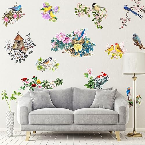 Miniatura 2 de Calcomanías de pared de pájaros en ramas de árbol, pájaros cardenales, flores, calcomanías de pared para primavera y verano, decoración de pájaros