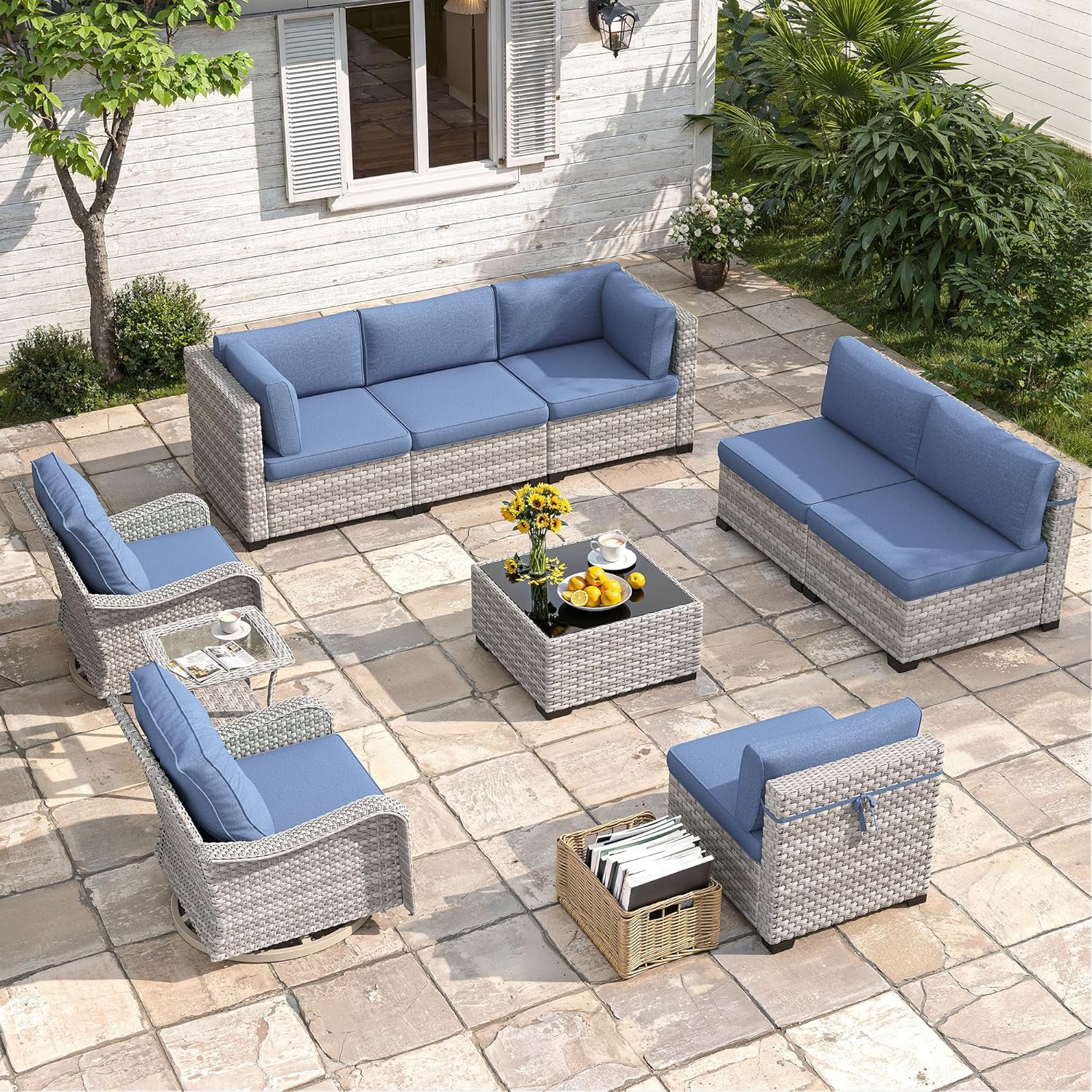 8-Seat Modern Patio Furniture Set with Swivel Rocking Chairs, Thick 4″ Cushions, Dual-Strand Wicker Rattan, Rust-Resistant Steel Frame – Outdoor Conversation & Modular Sectional,Navy
