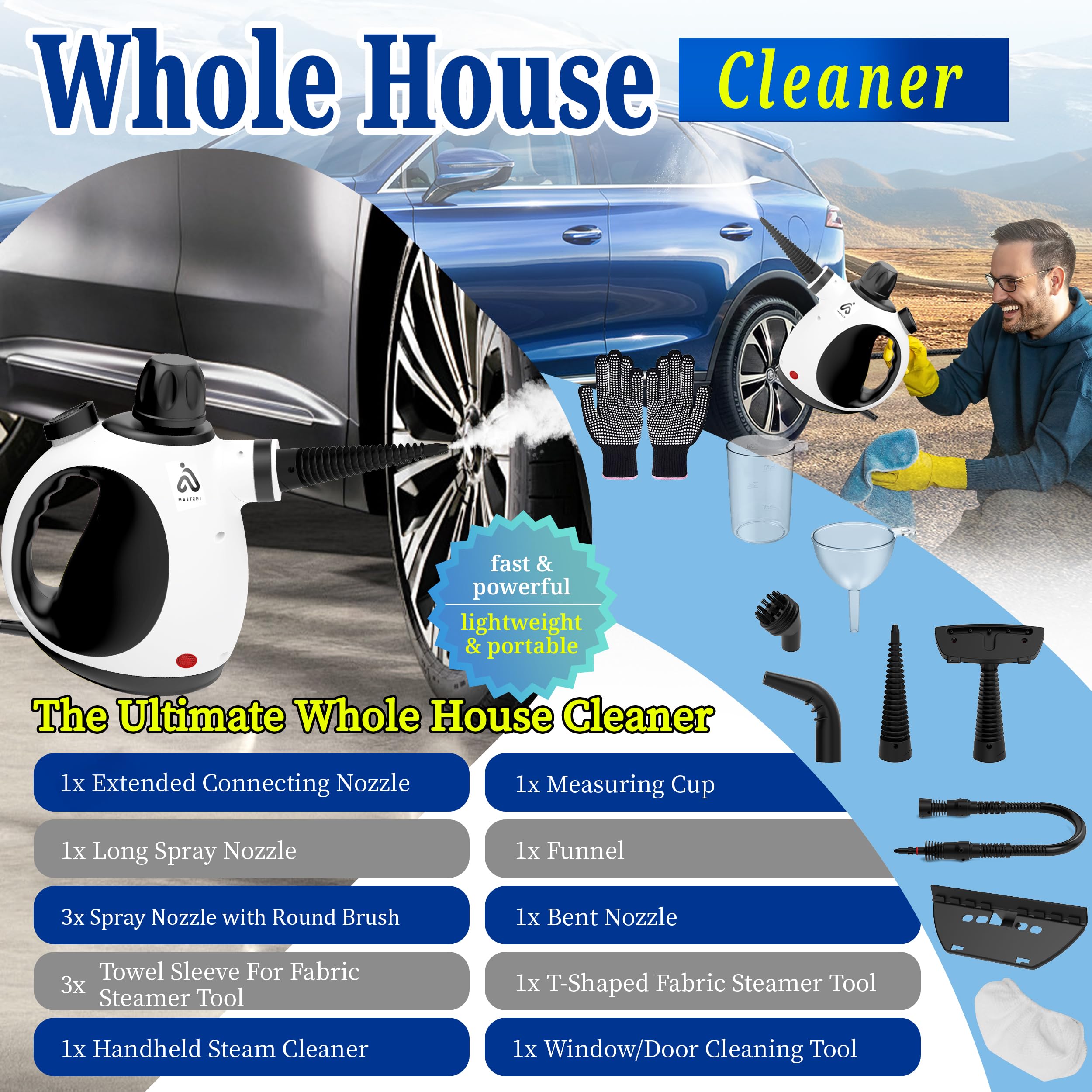 INSTEAM Steam Cleaner Handheld 12 Accessories Kit with Heat Resistant Gloves, Multi-Surface Steamer for Cleaning Home, Upholstery, Car, Floor, Grout and Tile