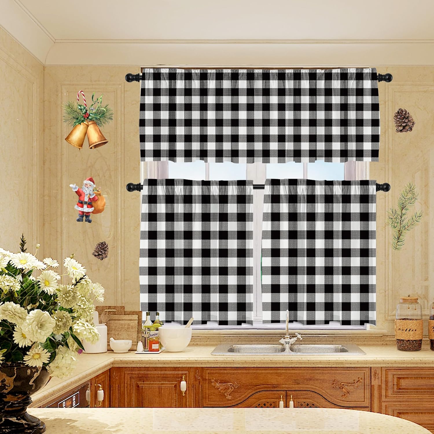 Buffalo Check Tiers and Valances Set Black and White Farmhouse Kitchen Window Curtain Rod Pocket Window Treatment Decor Curtain