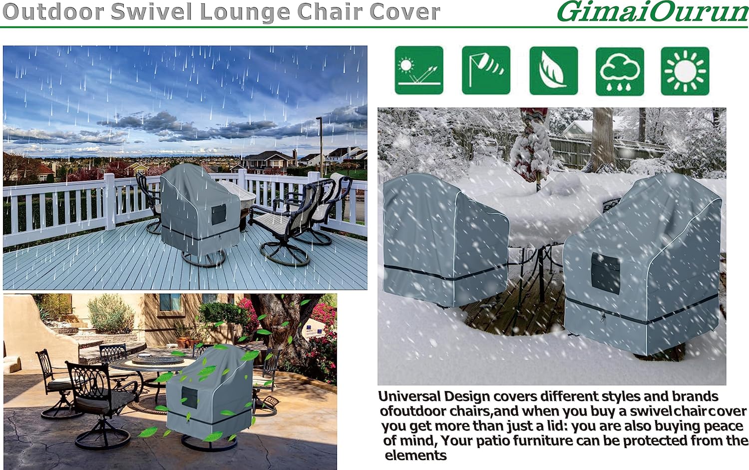 Outdoor Swivel Lounge Chair Cover 2 Pack, Waterproof Heavy Duty Outdoor Outdoor Lawn Patio Furniture Rocking Chair Cover, (29 W x 31 D x 38.5 H inches), Gray - Image 5