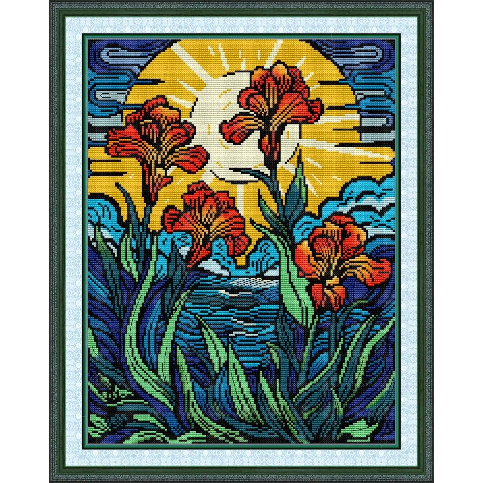 CROSSDECOR Stamped Cross Stitch Kits Full Range of DIY Needlepoint for Adult Beginners Family Iridaceae Pattern, for Gift and Home Decor 14CT 2 Strands 13.4×16.9 inch