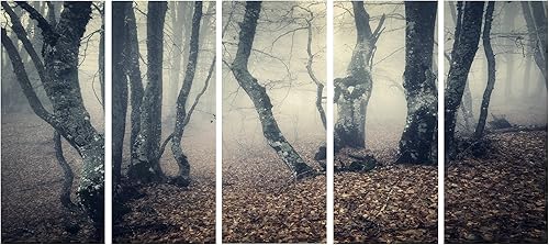 Designart - Lienzo fotográfico de niebla amarilla mística en el bosque de otoño, paisaje, 60 x 28 pulgadas, 5 piezas, 60 x 28 pulgadas, 5 paneles