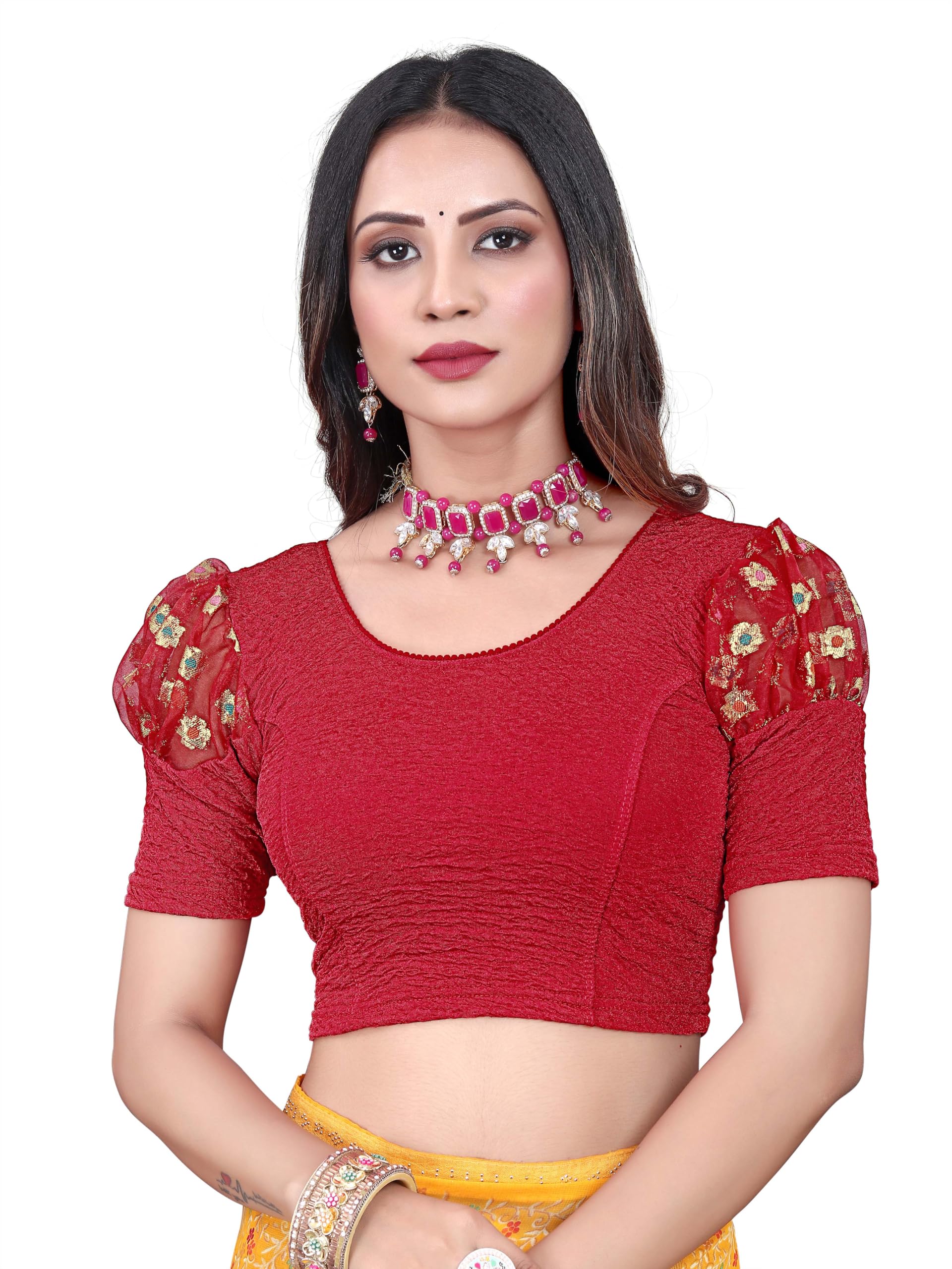 Shreeji DesignerRound Neck Cotton Lycra and Net Fabric Fully Stretchable Baloon Sleeve Designer Readymade Blouse for Women