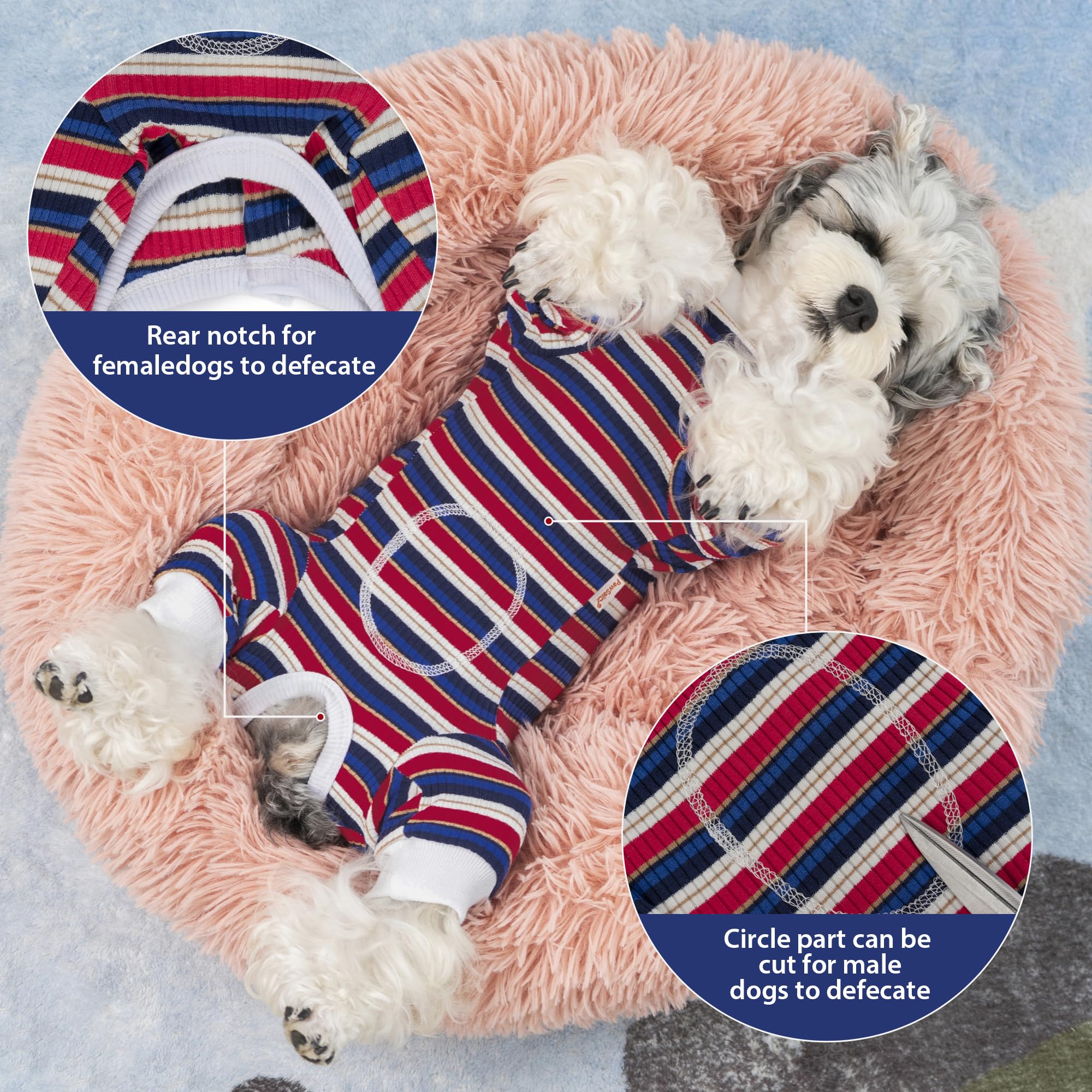 Body Perro Post Cirugía Hembra Macho Traje de Recuperación para Perros Manga Larga a Rayas Body Post Quirurgico Cachorro Pijama Camiseta Médica Gatos Protección de Heridas, Azul-Rojo L