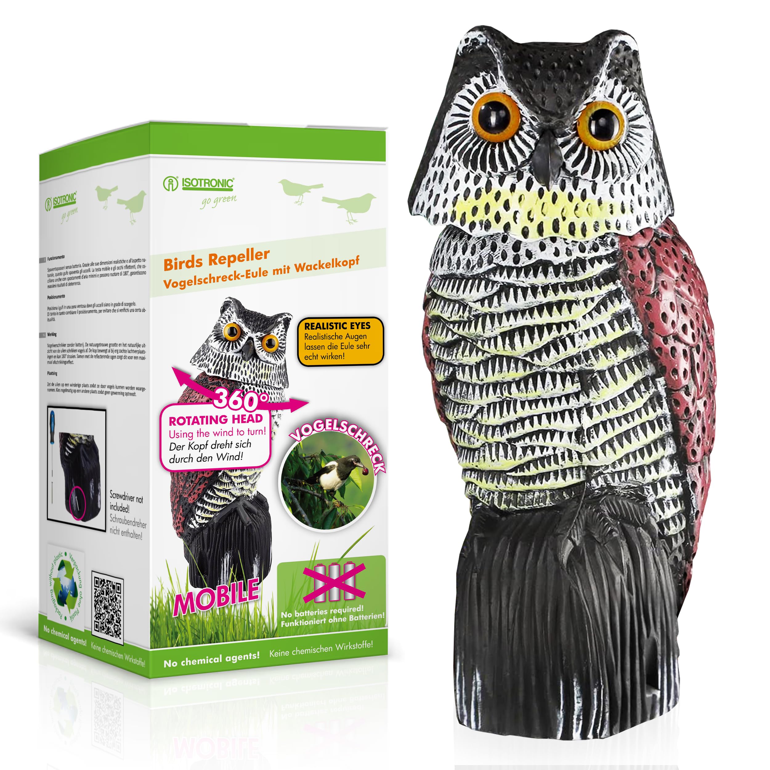 ISOTRONIC richiamo Gufo Controllo Uccelli spaventapasseri Realistico Testa oscillante Repellente piccioni Giardino Balcone frutteto 1 Pezzi Efficace Esterno Protezione Difesa Stop volatili visivo