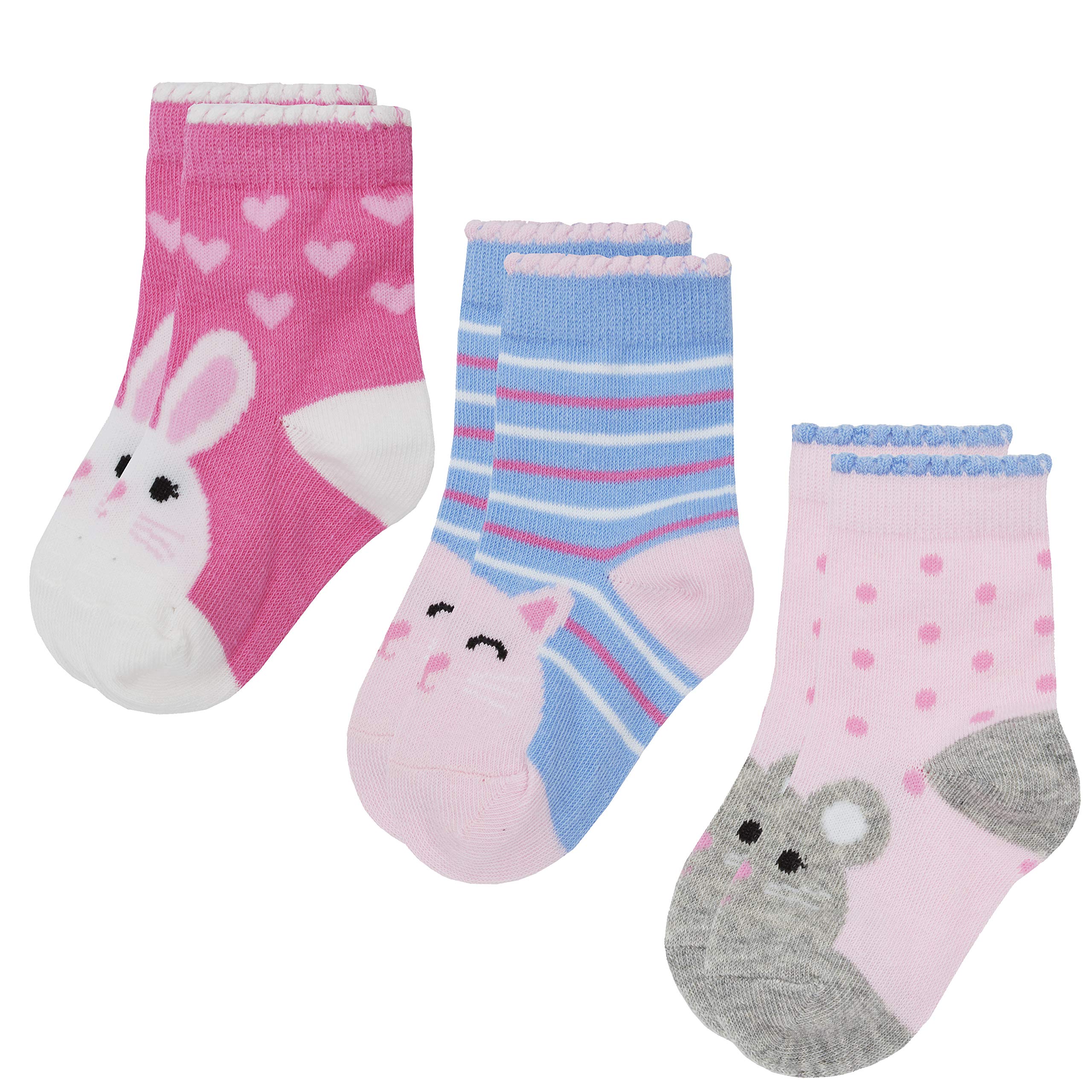 Metzuyan Women's Pink Rabbit Baby Girls 3 Pairs Novelty Design Scallop Edge Cotton Rich Socks Rabbit 0-0