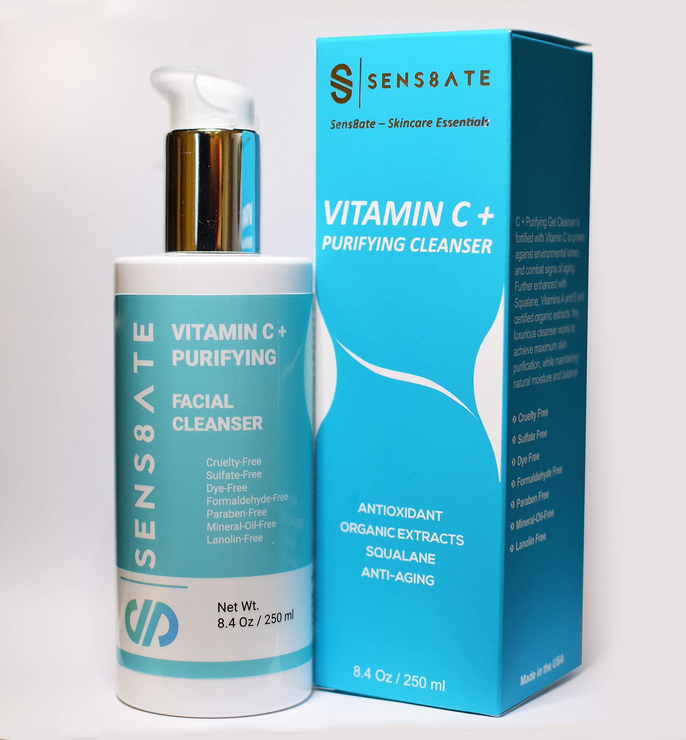 Vitamin C Face Wash by Sens8ate - Anti aging facial cleanser for women & men - Acne face wash - natural and organic extracts - paraben free - hydrating & moisturizing - big face wash 8.4 oz