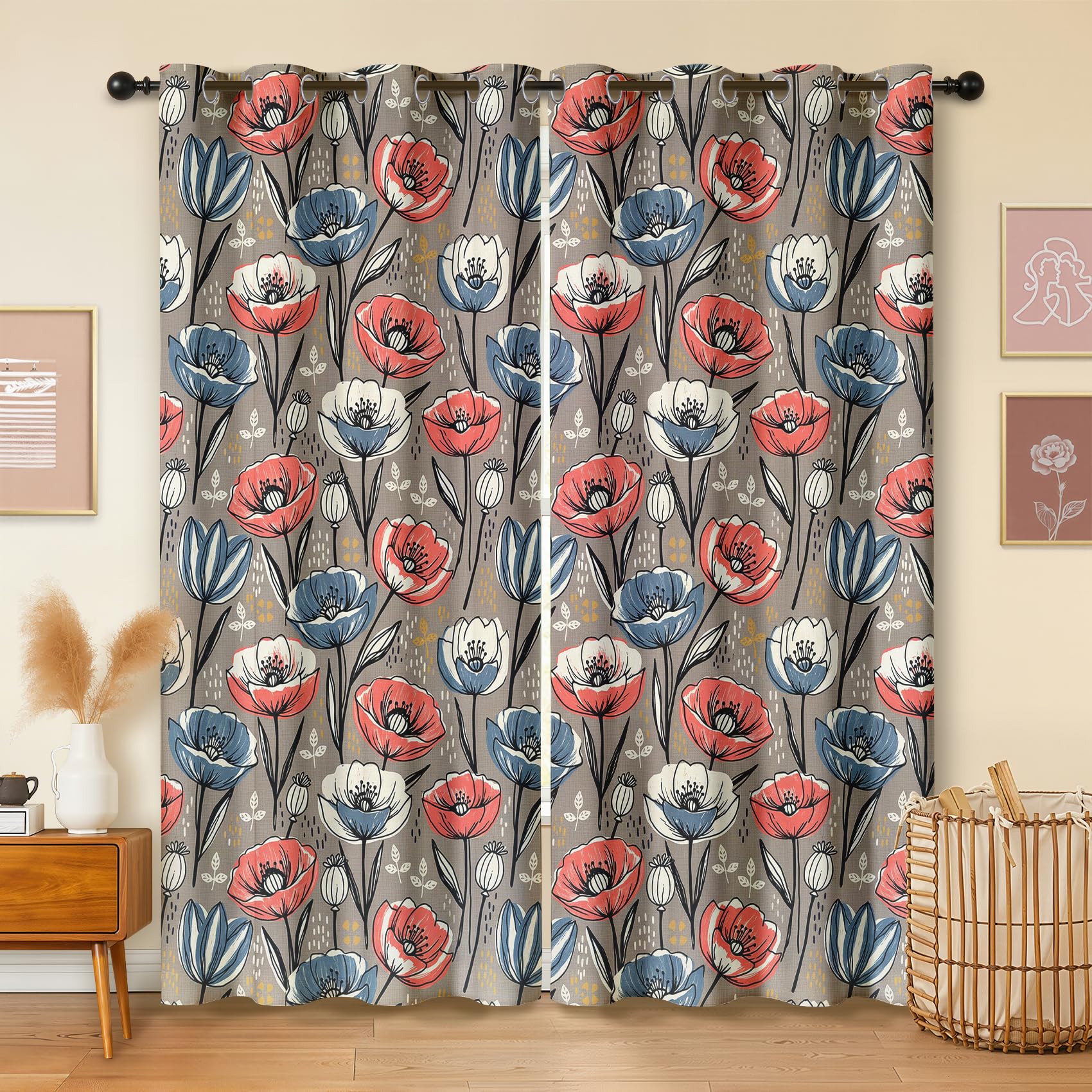 Havenix Red and Blue Poppy Blackout Curtains for Bedroom Living Room, Eyelet Curtains 66x72, Thermal Insulated Drapes for Windows, Modern Flower Patterned Window Treatments, 2 Panels
