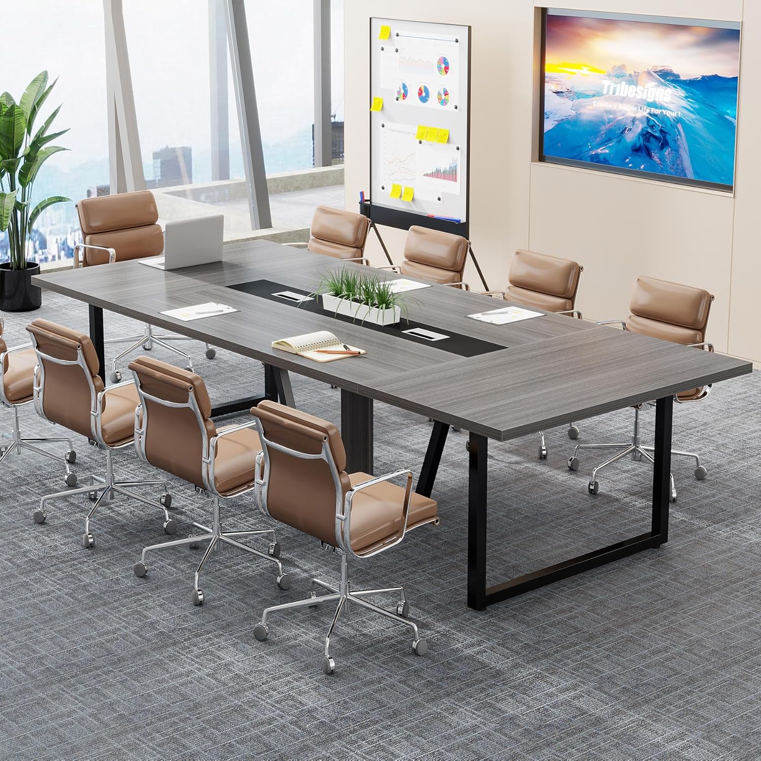 Tribesigns 8FT Conference Table, 94.49 L x 47.24 W x 29.53 H Inches Large Meeting Podcast Table for 10 People, Business Style Wooden Training Table with Strong Metal Frame for Office Conference