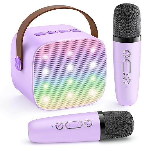 Mini Karaoke Machine with 2 Wireless Microphones, TOP Kids Gifts for Girls Ages 3, 4, 5, 6, 7, 8, 9, 10, 11, 12 +Years Old, 4-12th Christmas Birthday Toy Gift for Girls Boys Party (Purple)
