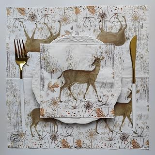 20pcs Wild Animals Elk & Floral Design 2Ply Disposable Paper - Elegant Table Decor with Golden Forks & Deer Motifs for Weddings, Birthdays, Christmas, Thanksgiving - Festive Celebration Essentials