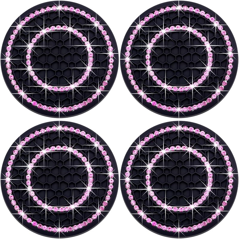 Kit de Porta-Copos para Carro MEAJOO com Strass e Silicone, Redondo, Preto e Rosa, 4 unidades